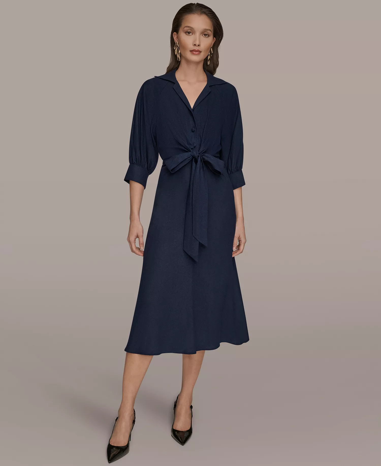 Women's Collared 3/4-Sleeve Midi Dress - Nightfall - 10