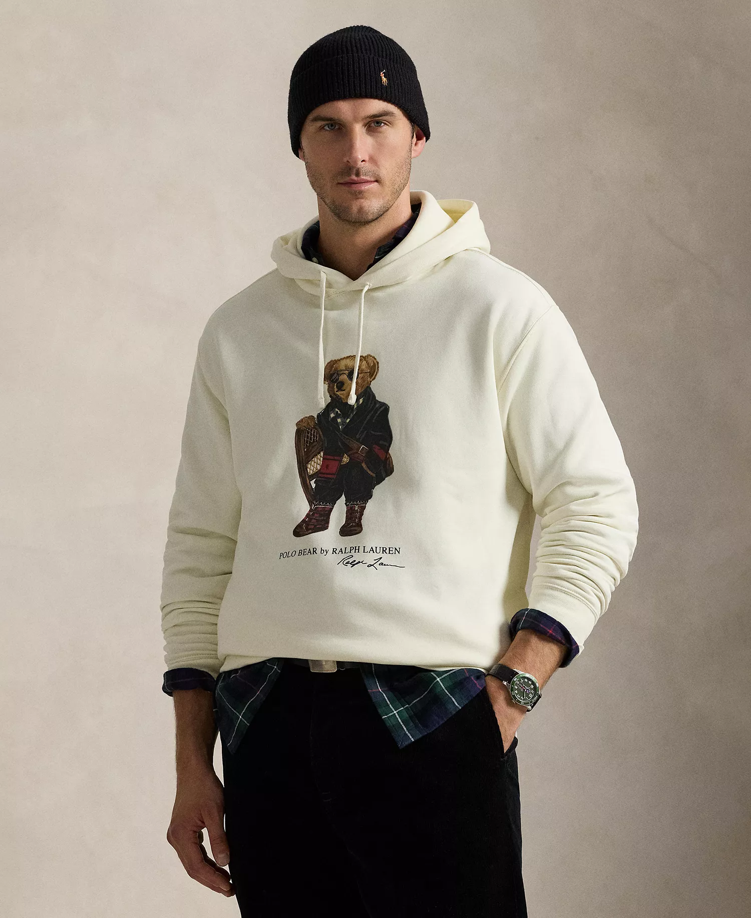 Men's Big & Tall Bear Printed Fleece Hoodie - Clubhouse Cream - 2LT