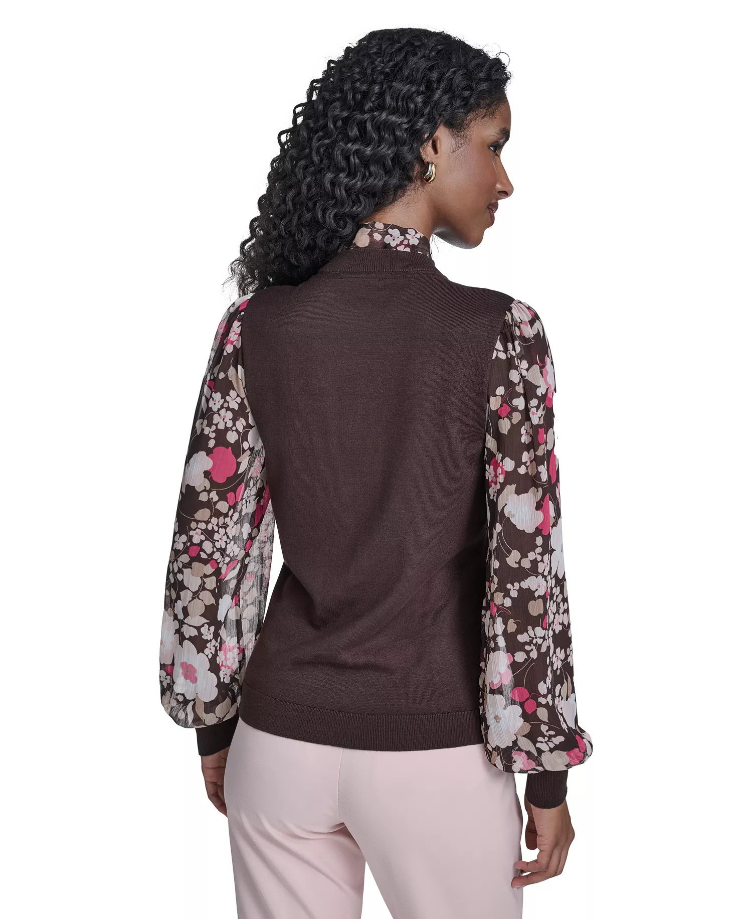 Women's Mixed Media Tie Neck Sweater - Chicory - L