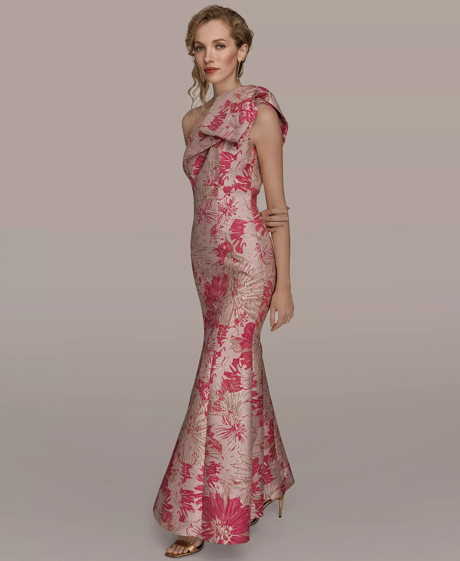 Women's Jacquard Bow-Trim One-Shoulder Gown - FUCHSIA MULTI - 10