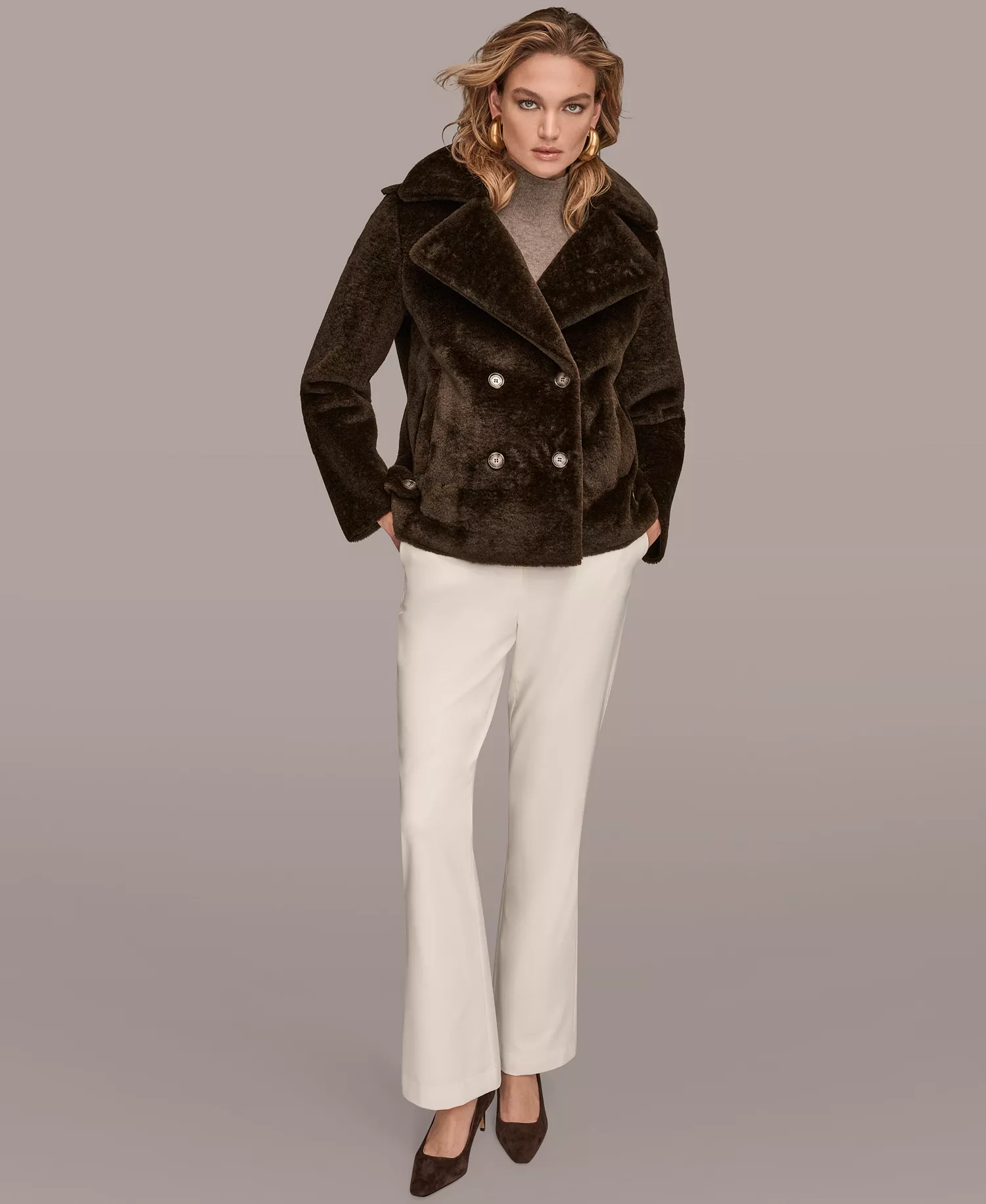 Women's Double-Breasted Coat - Chocolate - L