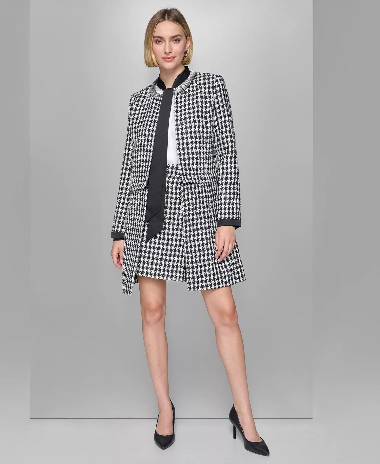 Women's Convertible Rhinestone-Collar Houndstooth Jacket - Black/Soft White - 10