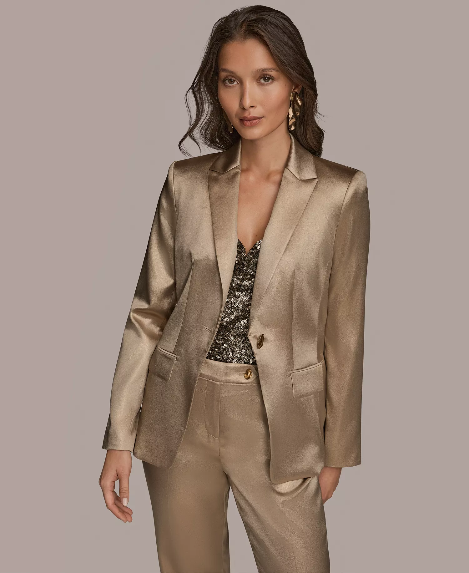 Women's Metallic One-Button Blazer and Novelty Straight-Leg Mid-Rise Pants - Fawn/Gold - 12
