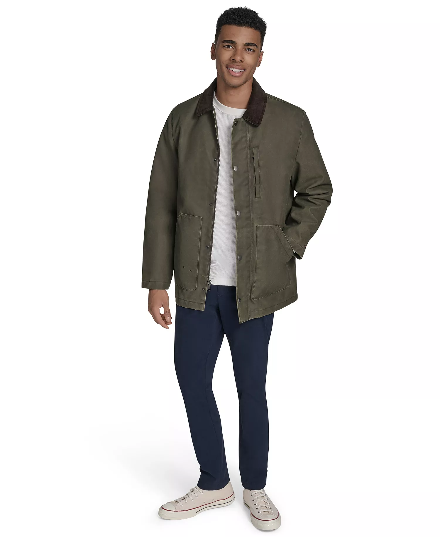 Men's Cotton Barn Coat with Corduroy Collar - Forest Night - L