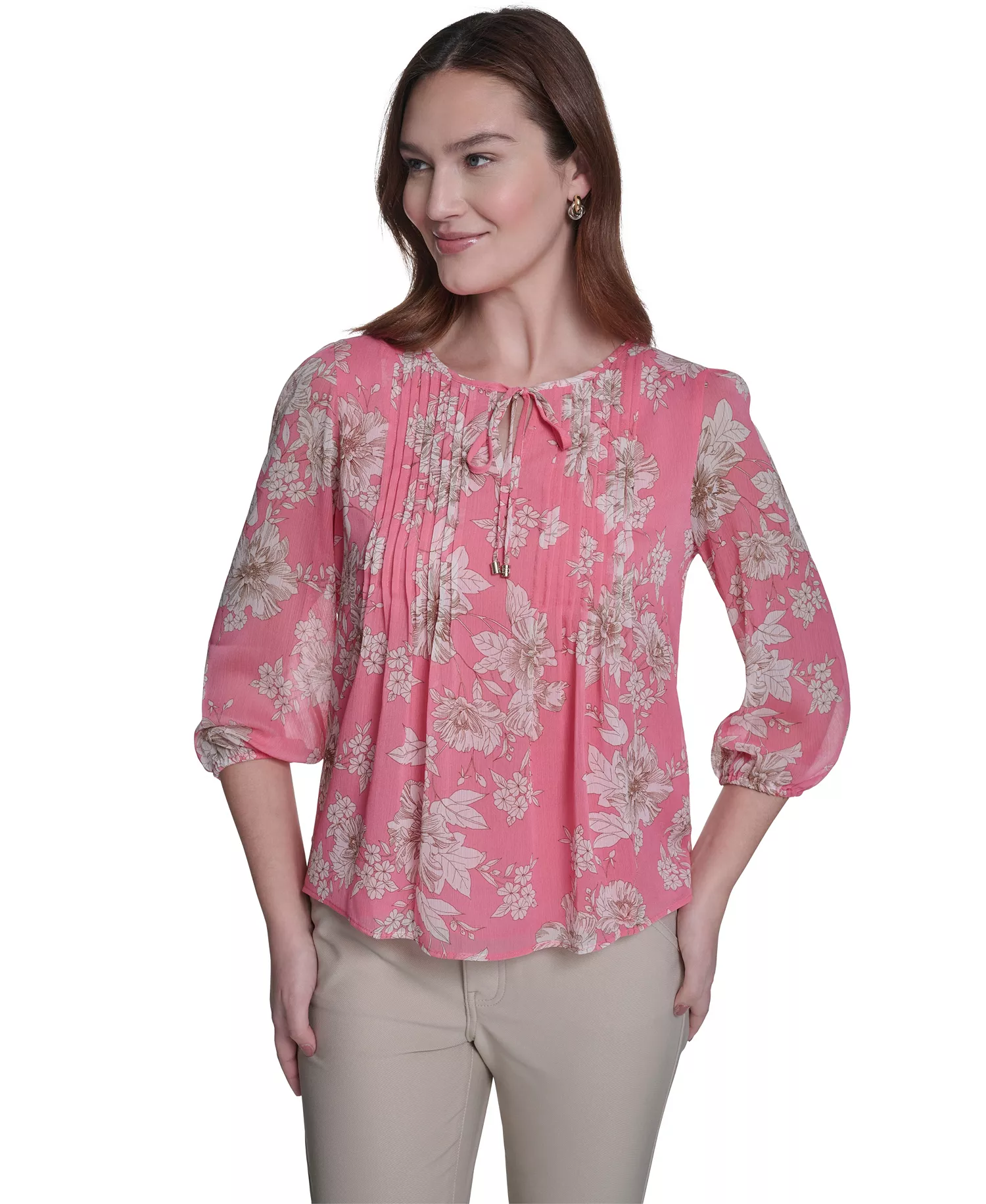 Women's Floral Pintuck V-Neck Blouse - Pink Tulip Multi - L