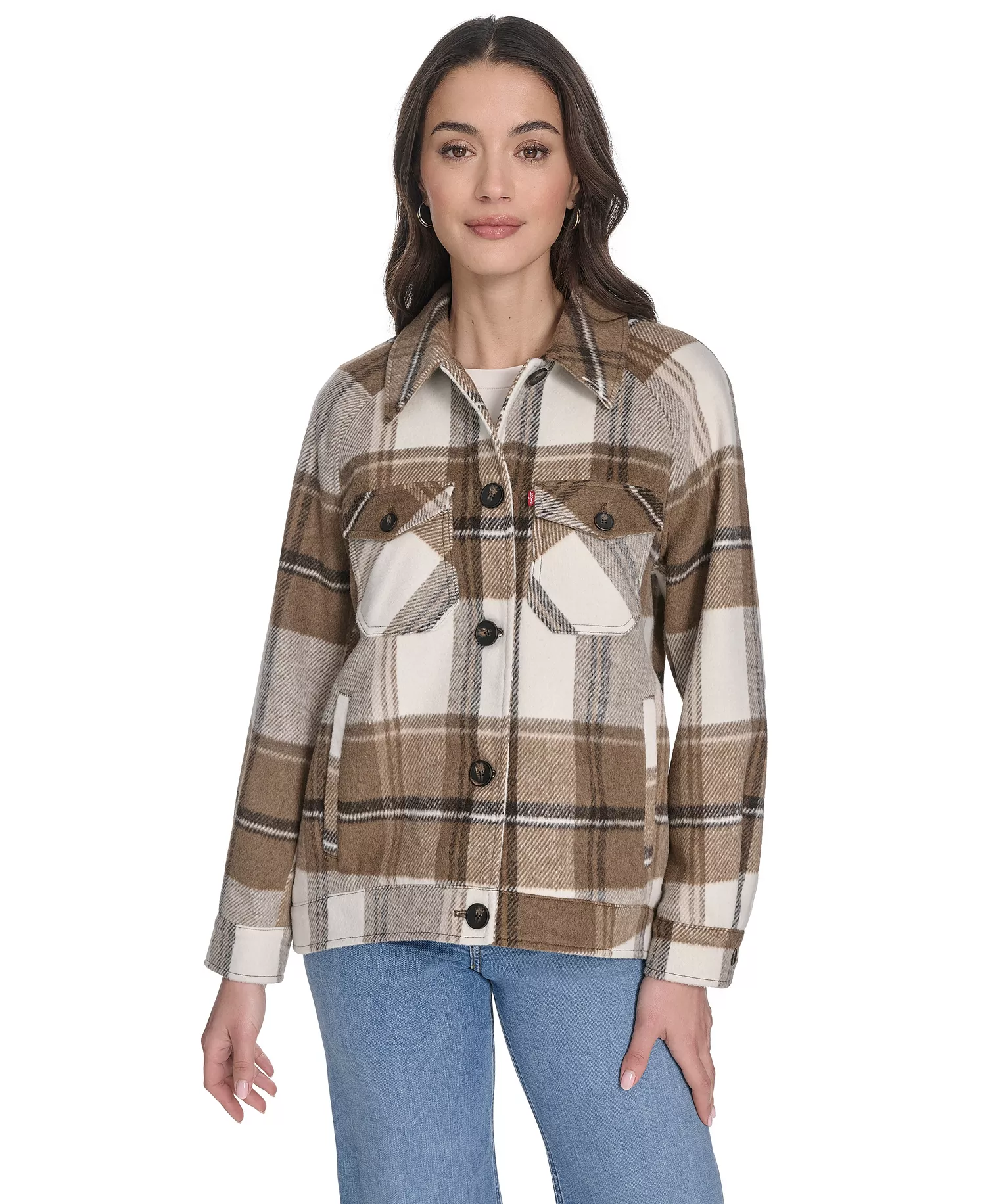 Women's Wool Blend Shirt Jacket - Brown Multi Plaid - L