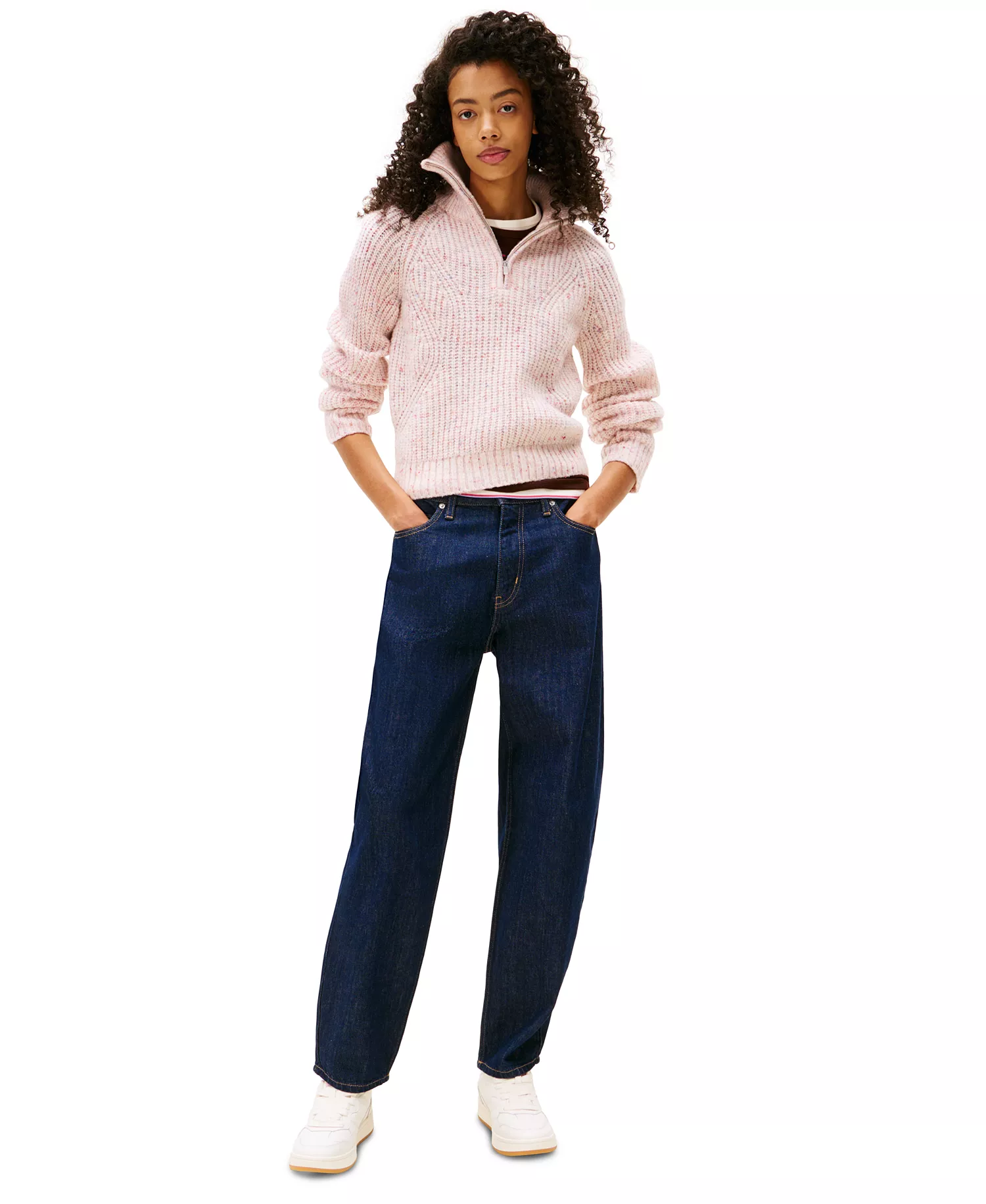 Women's Textured Quarter-Zip Long-Sleeve Sweater  - Ancient White - L