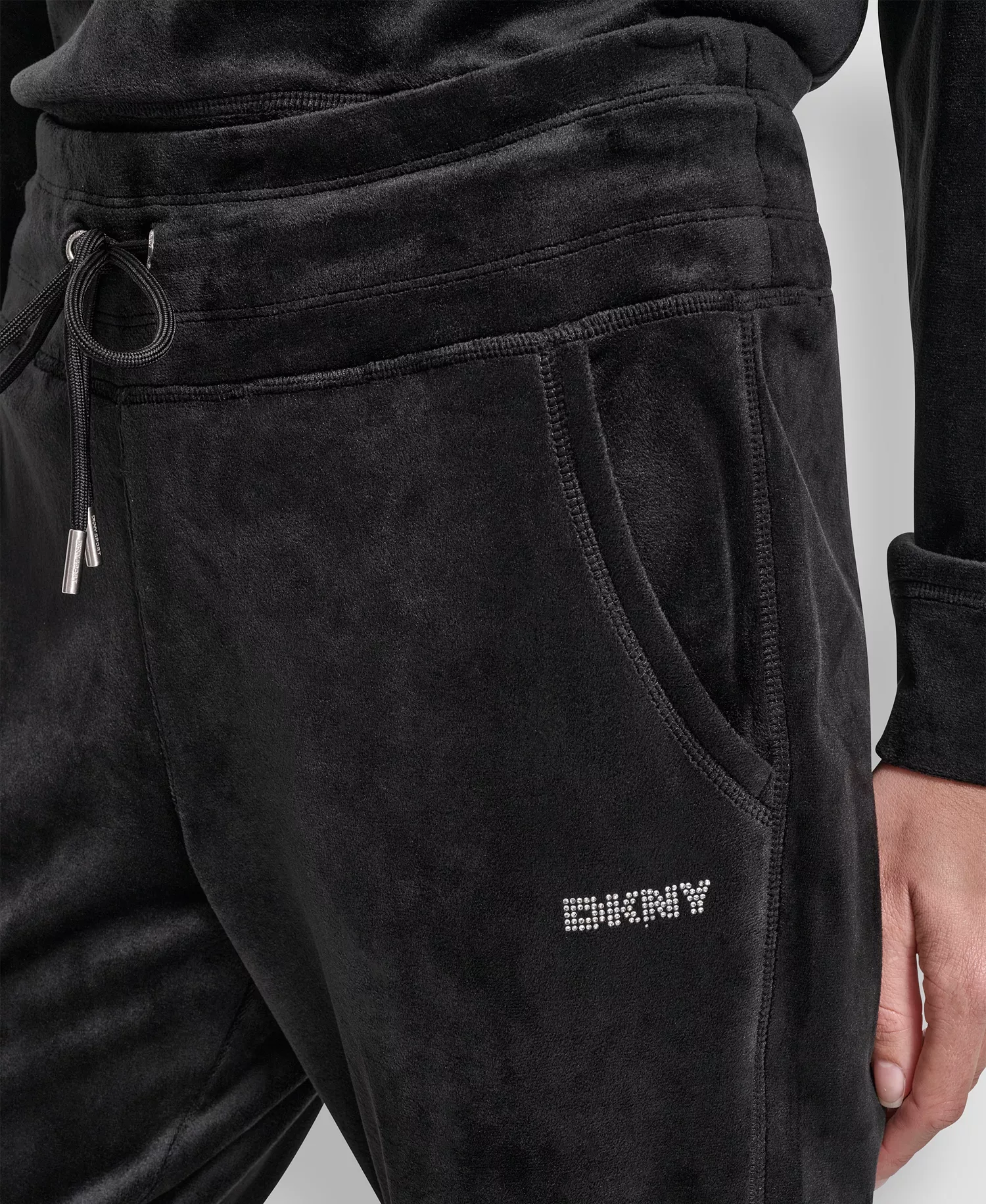 Women's Platinum Velour Rhinestone Logo Slim Fit Joggers - Black - L
