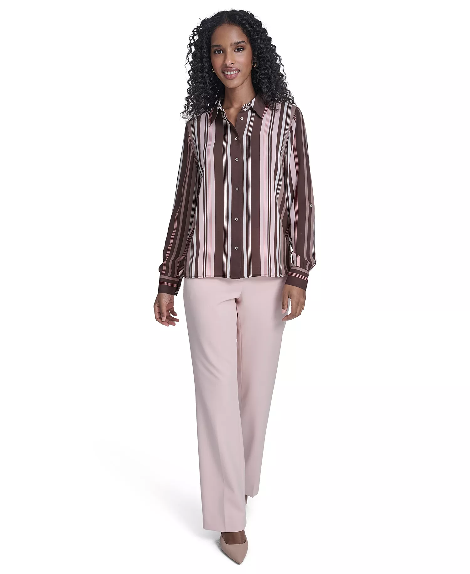 Women's Slim-Fit Striped Button Up Top - Chicory Multi - L