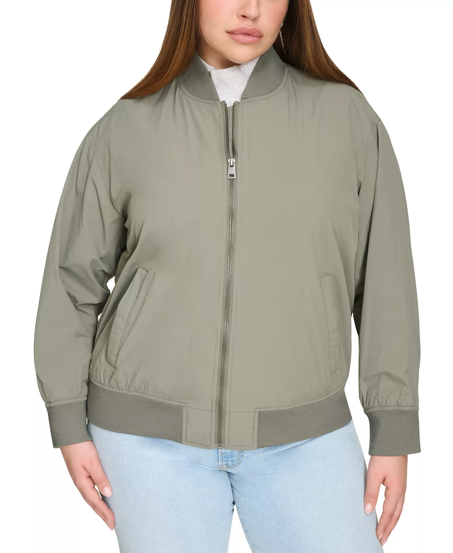 Trendy Plus Size Lightweight Zip-Front Bomber Jacket - Sage - 1X