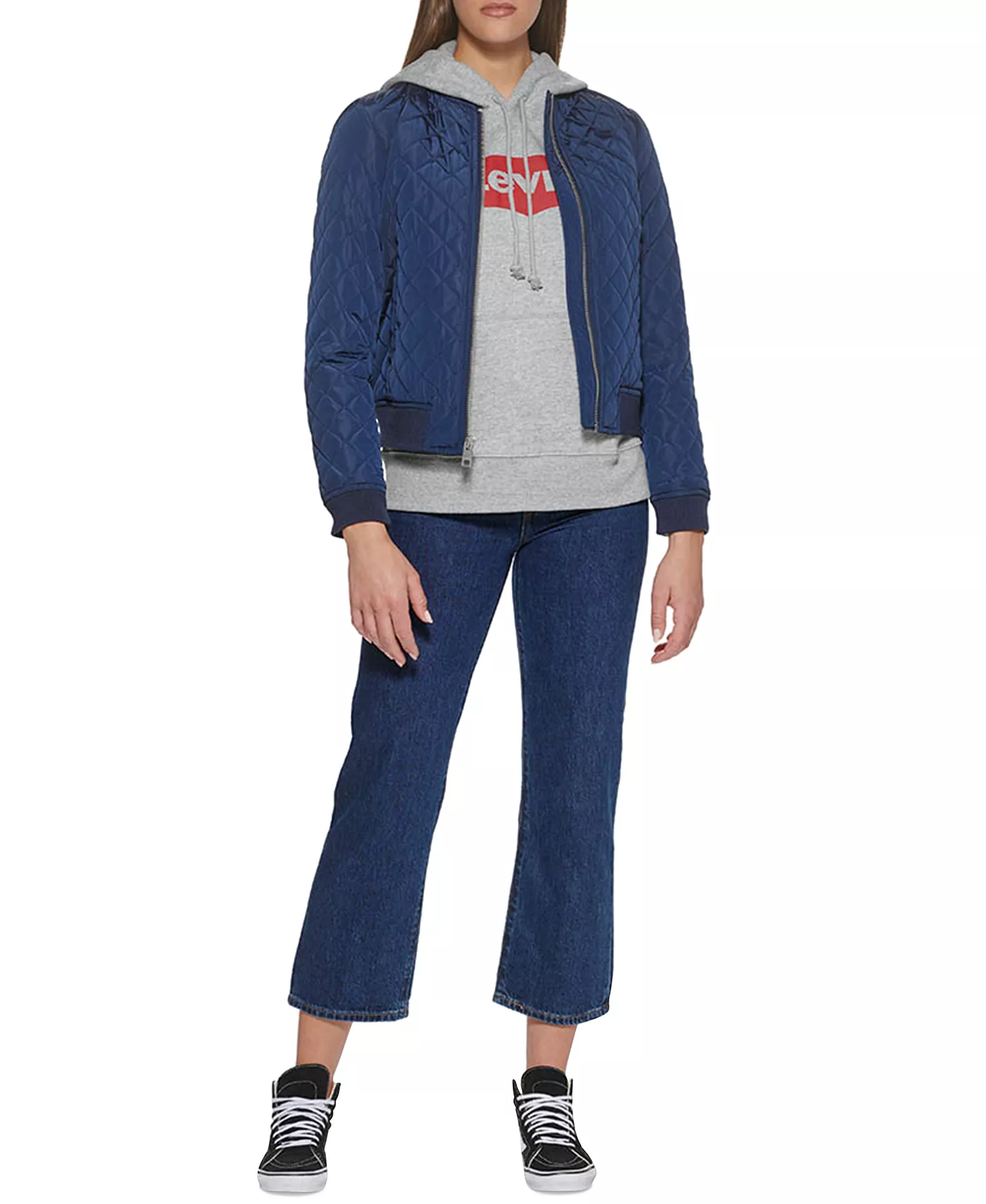 Women's Diamond Quilted Casual Bomber Jacket - Navy - XS