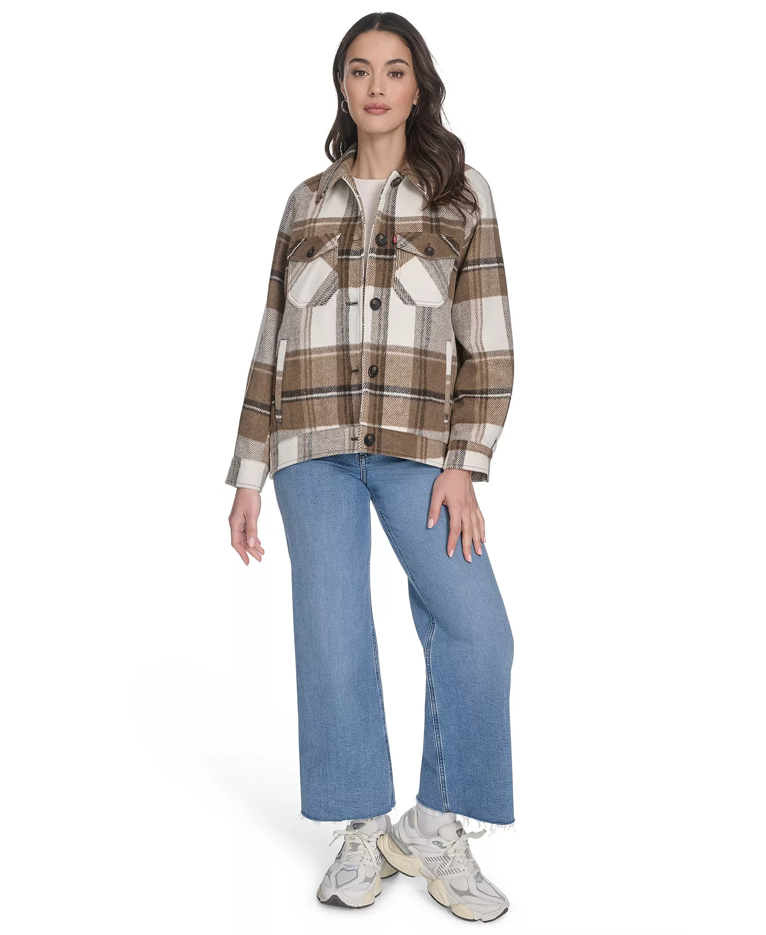 Women's Wool Blend Shirt Jacket - Brown Multi Plaid - L