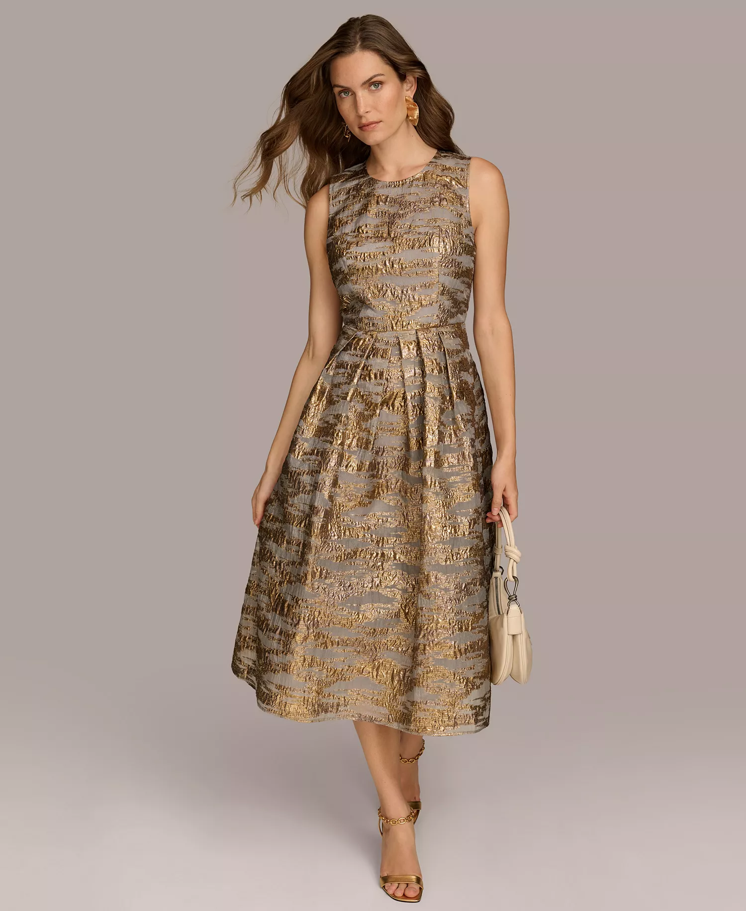 Women's Sleeveless Pleated Brocade Organza Midi Dress - Gilded Multi - 10