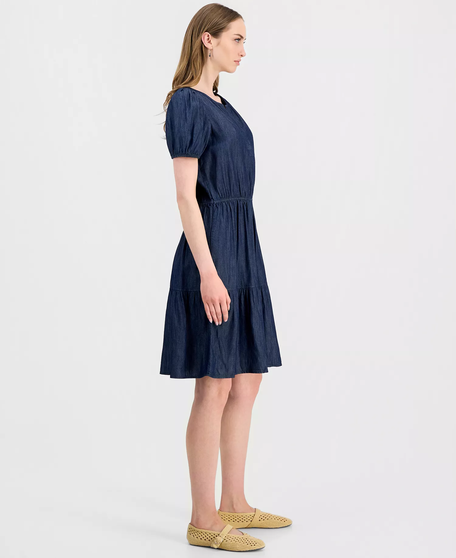 Jeans Women's Chambray Puff-Sleeve Tiered Dress - Dark Azure - L