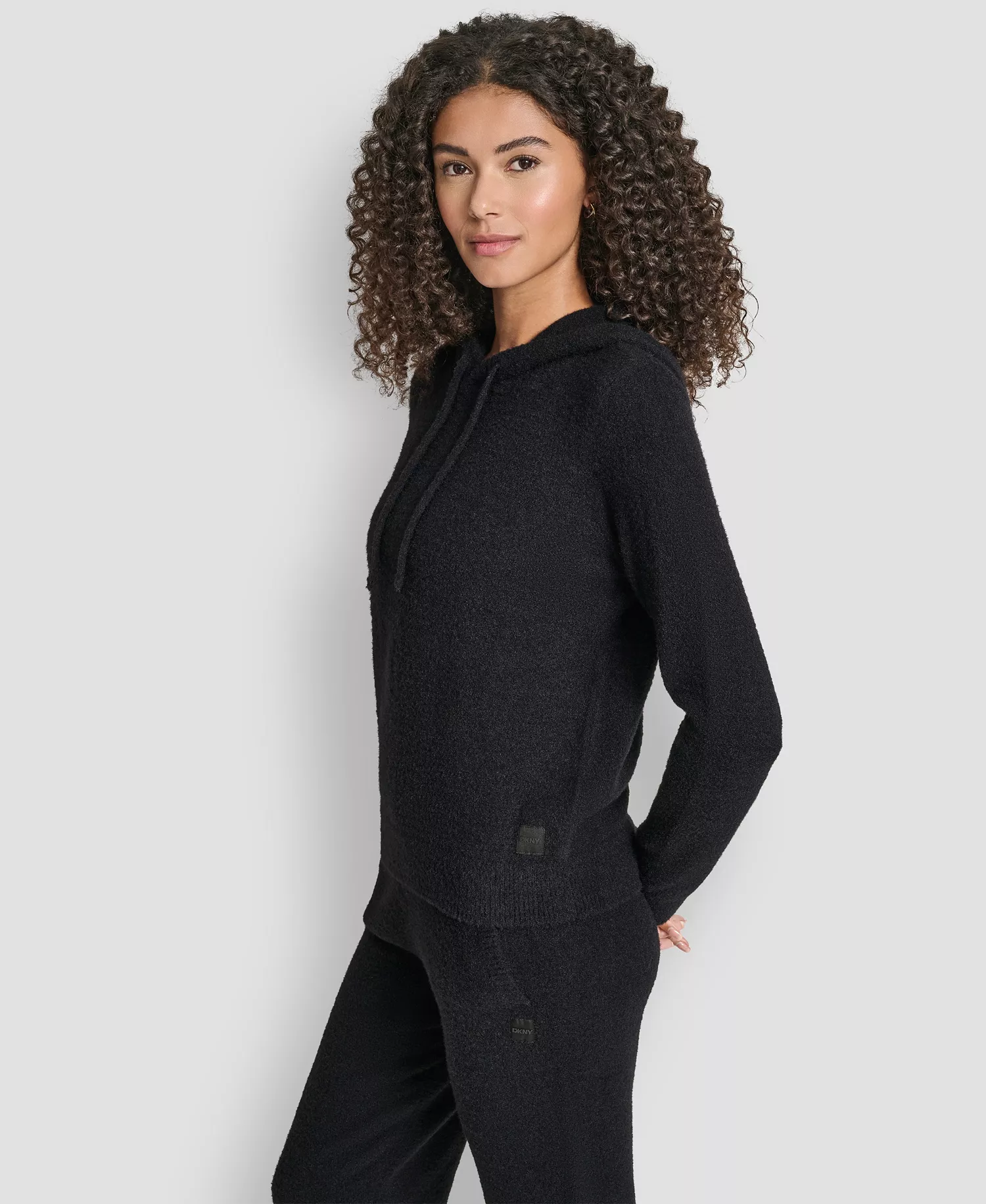 Women's Feather Yarn Hood Tonal Hoodie - Black - L