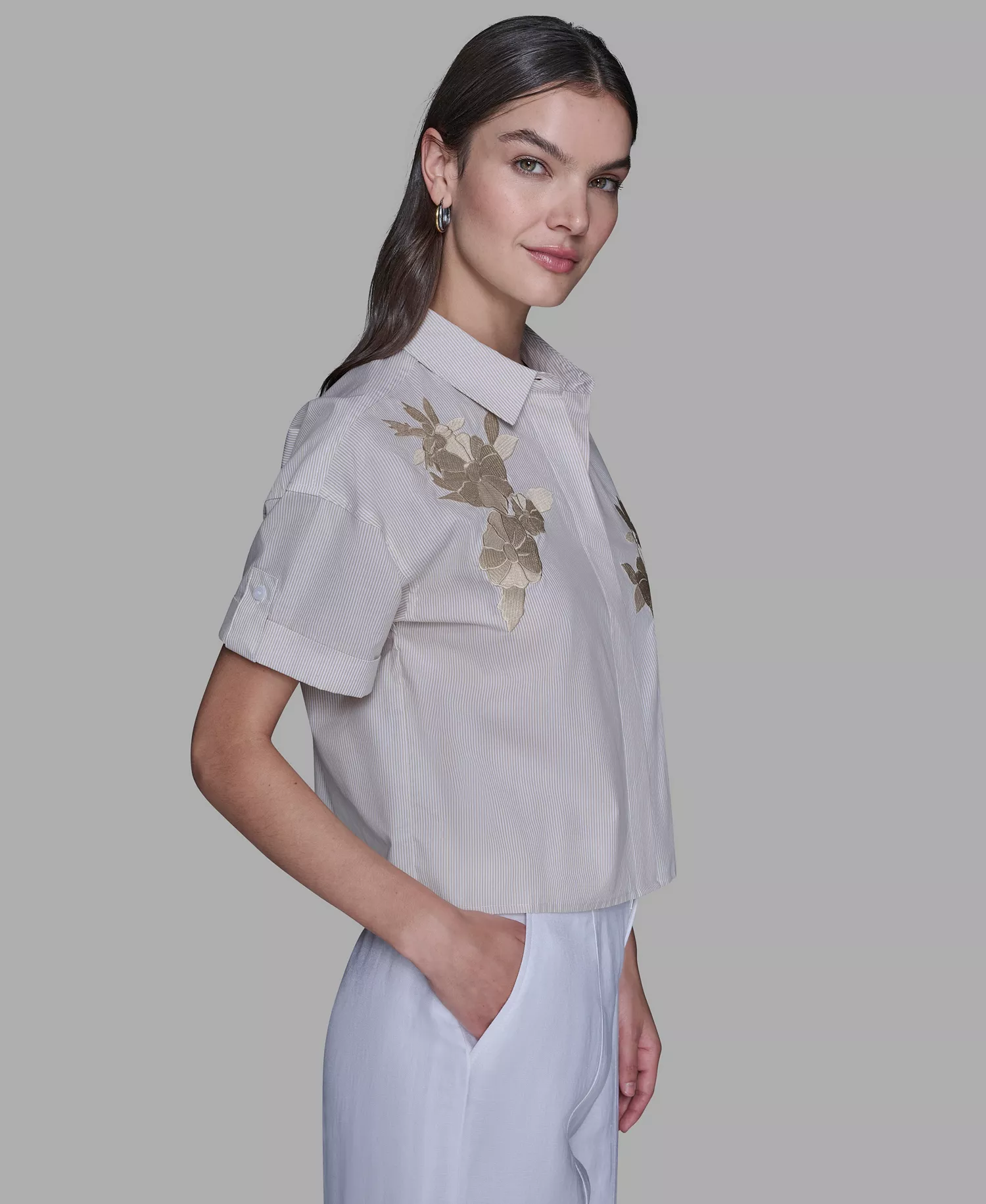 Women's Striped Floral Detail Top - Desert/Soft White - L