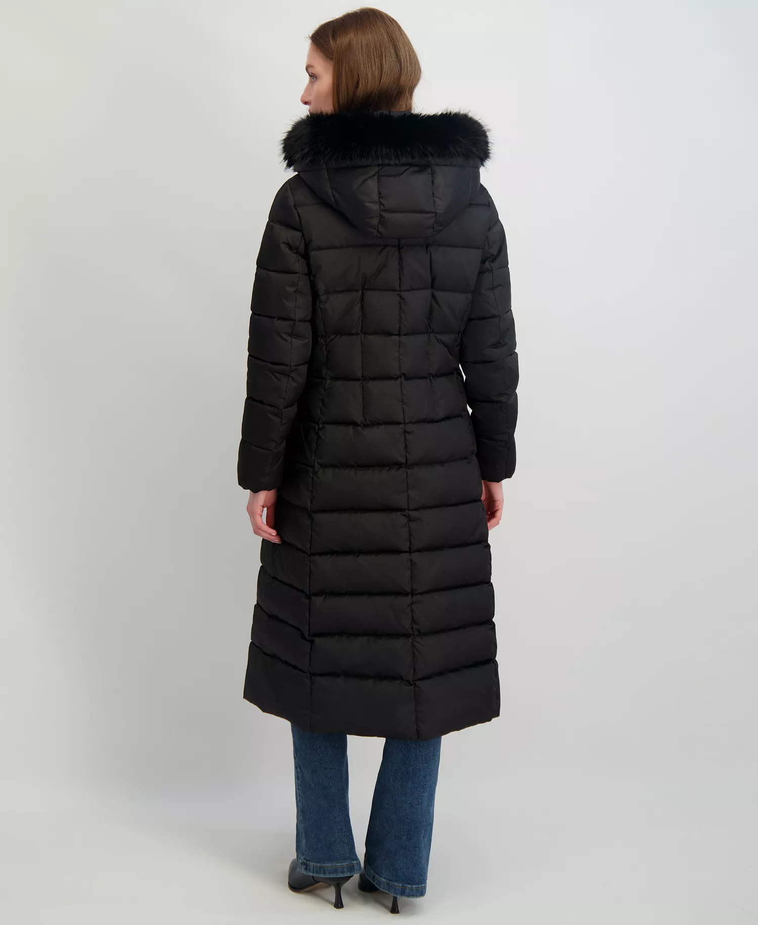 Womens Maxi Shine Bibbed Faux-Fur-Trimmed Hooded Puffer Coat - Black - L