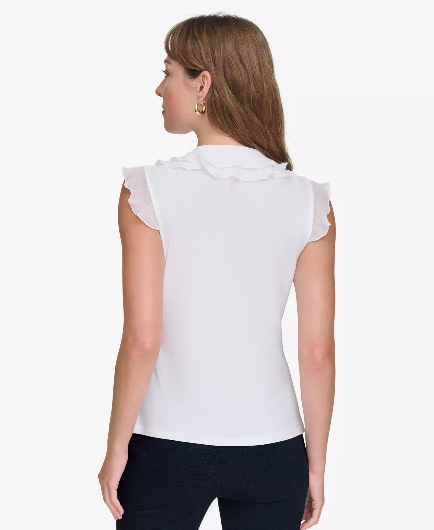 Women's Slim Fit Tonal Stripe Blazer, Slim Fit Tonal Stripe Pants and Ruffled Mixed-Media Top - Ivory - L