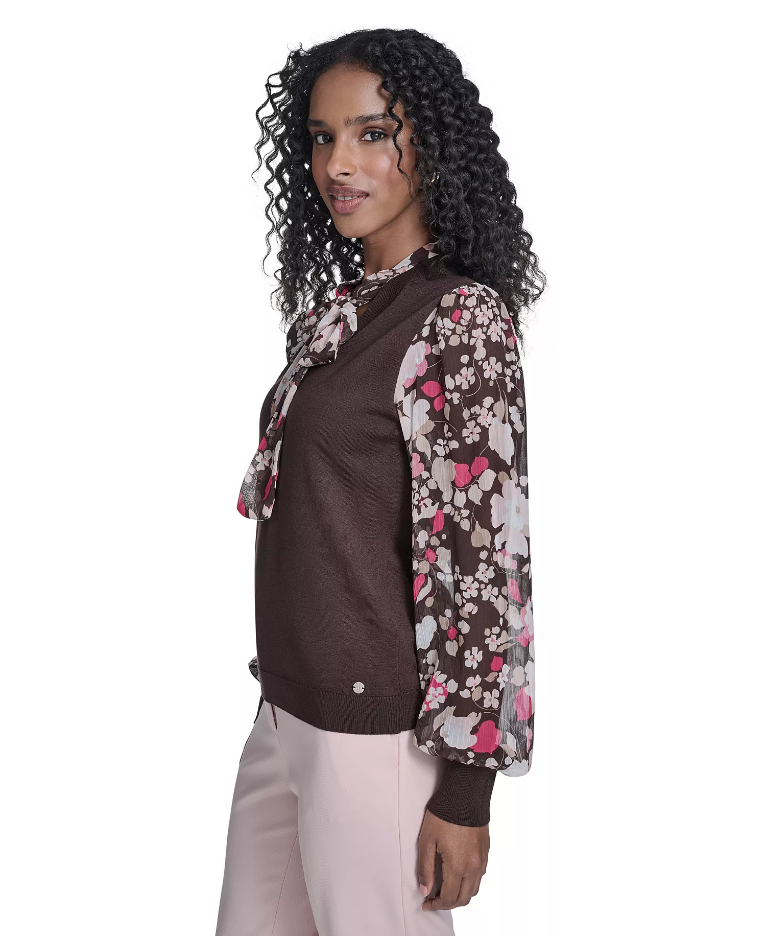 Women's Mixed Media Tie Neck Sweater - Chicory - L