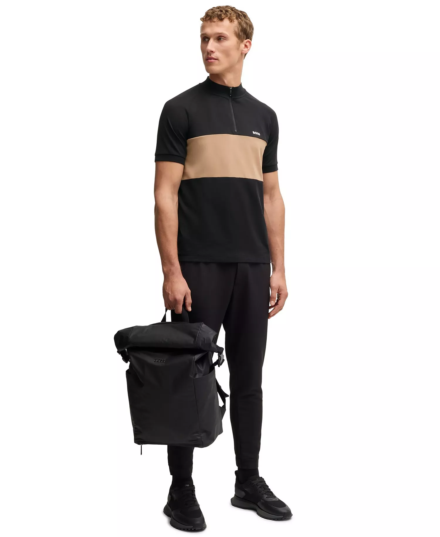 Men's Block Stripe Active Cotton-Blend Polo Shirt - Black - 2XL