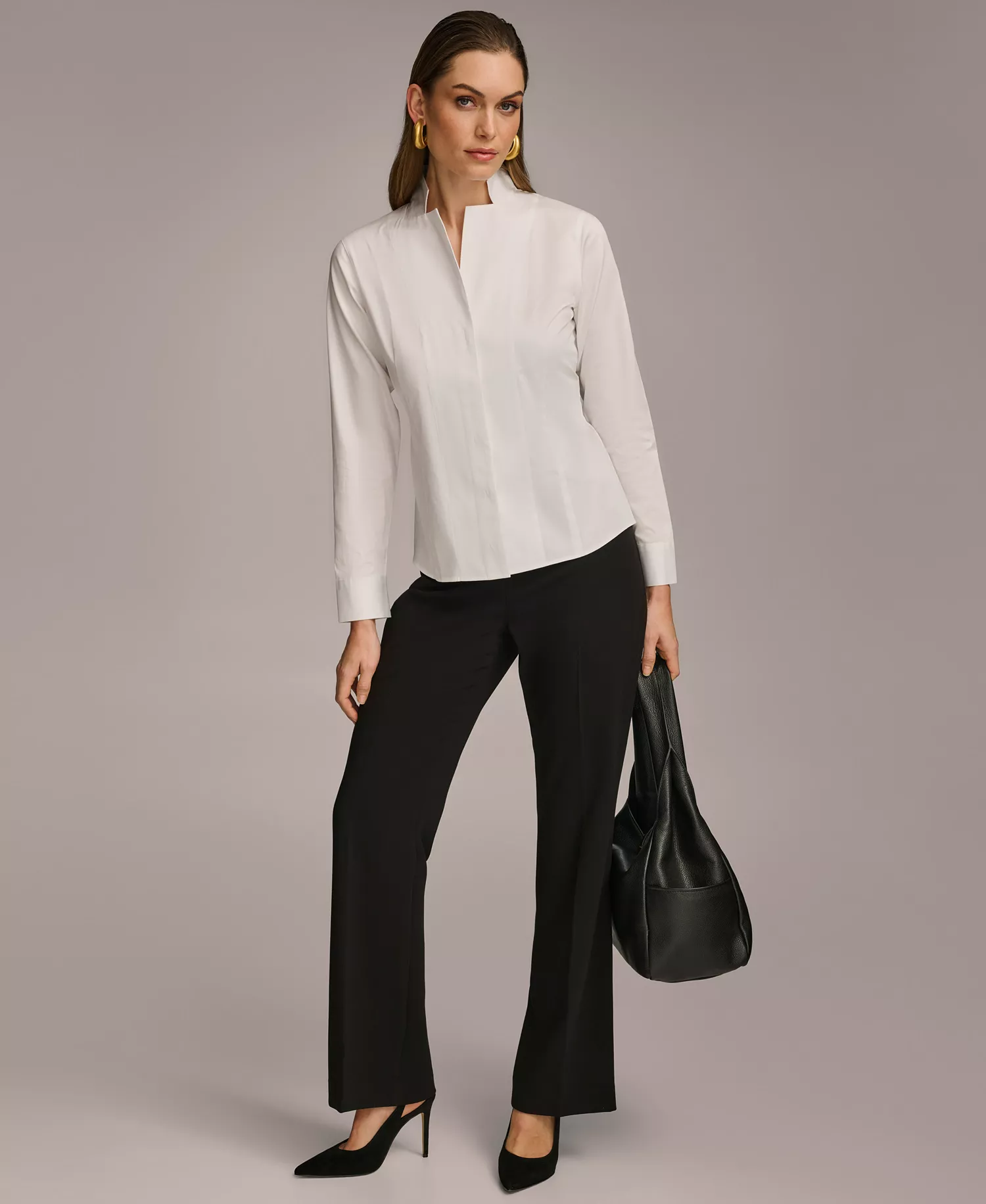 Women's Stand Collar Button Front Cotton Shirt - White - XS
