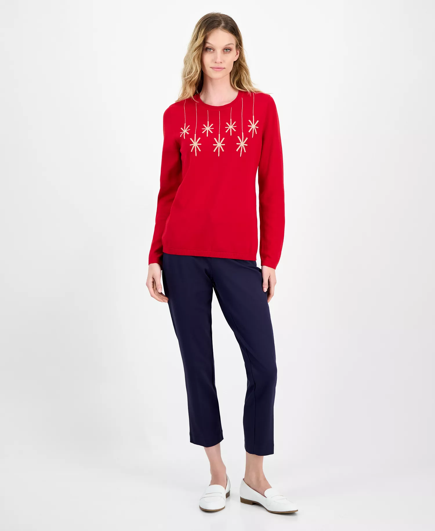 Nautica Women's Cotton Hanging Snowflake Sweater - Haute Red/ Gold - M