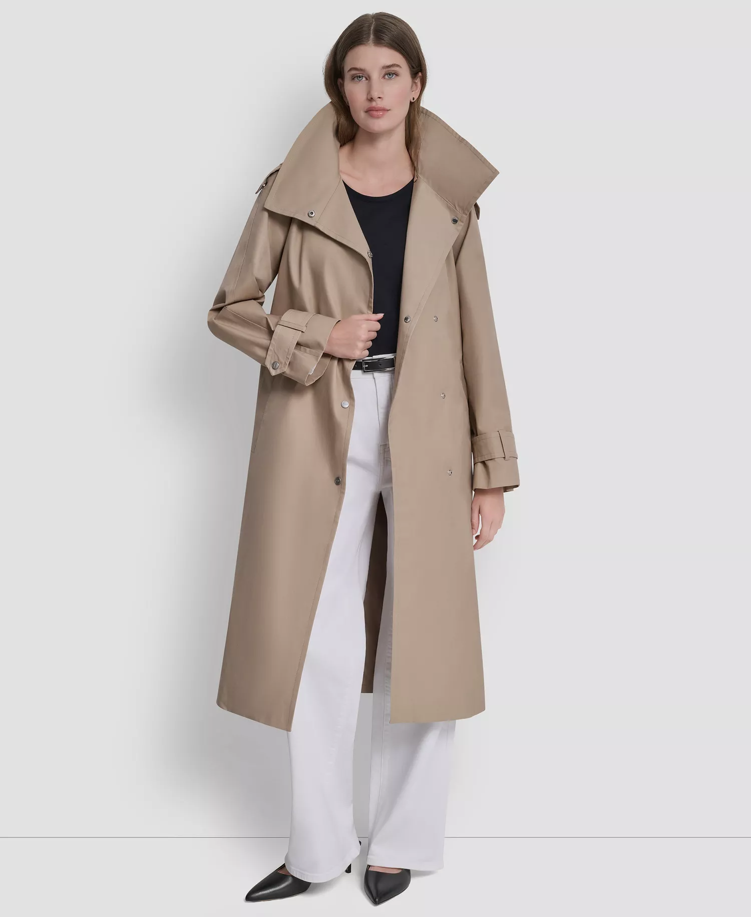Women's Belted Funnel Collar Long Trench Coat - Khaki - L