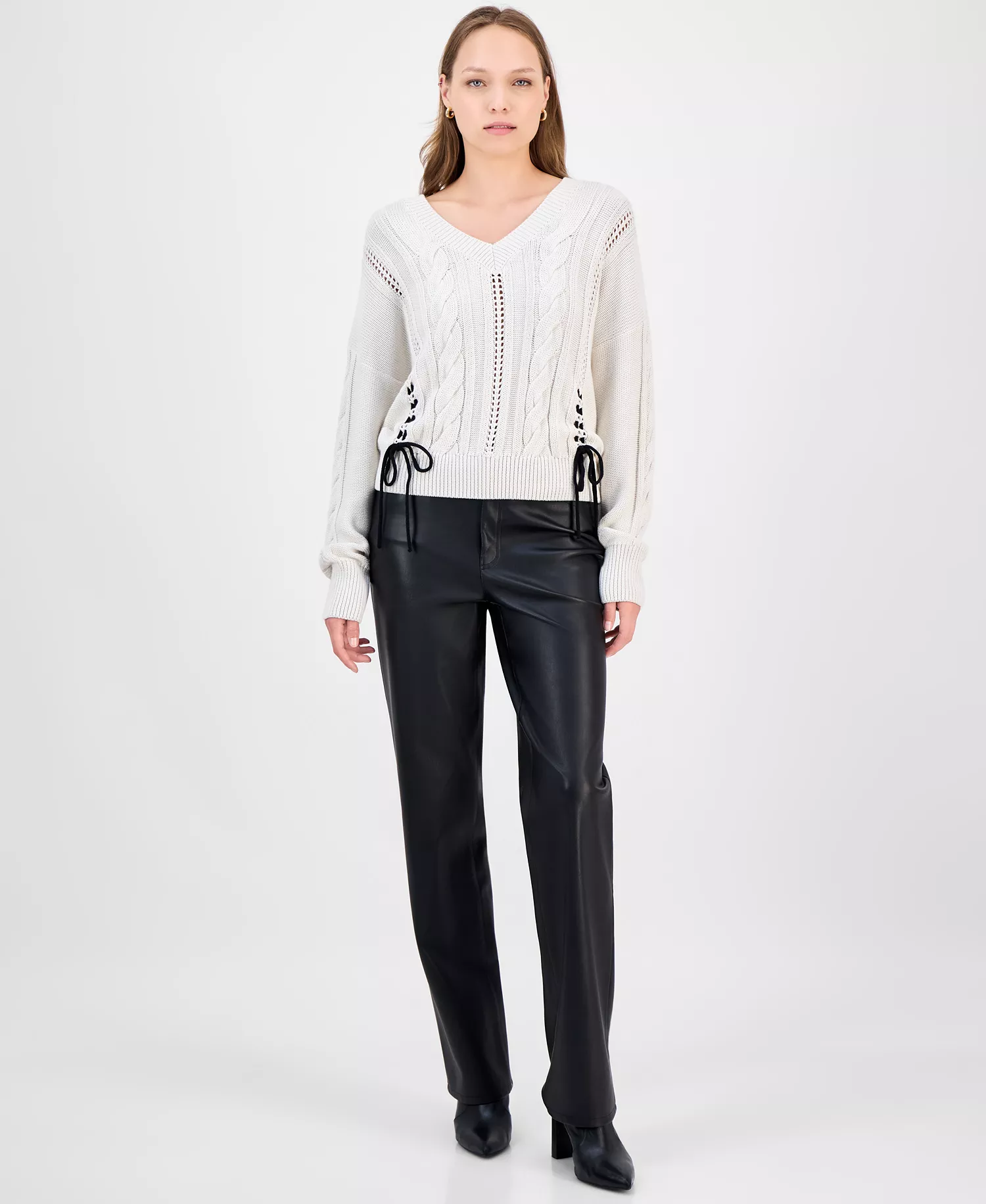 Women's Side-Stitch Cable-Knit Sweater - White - M