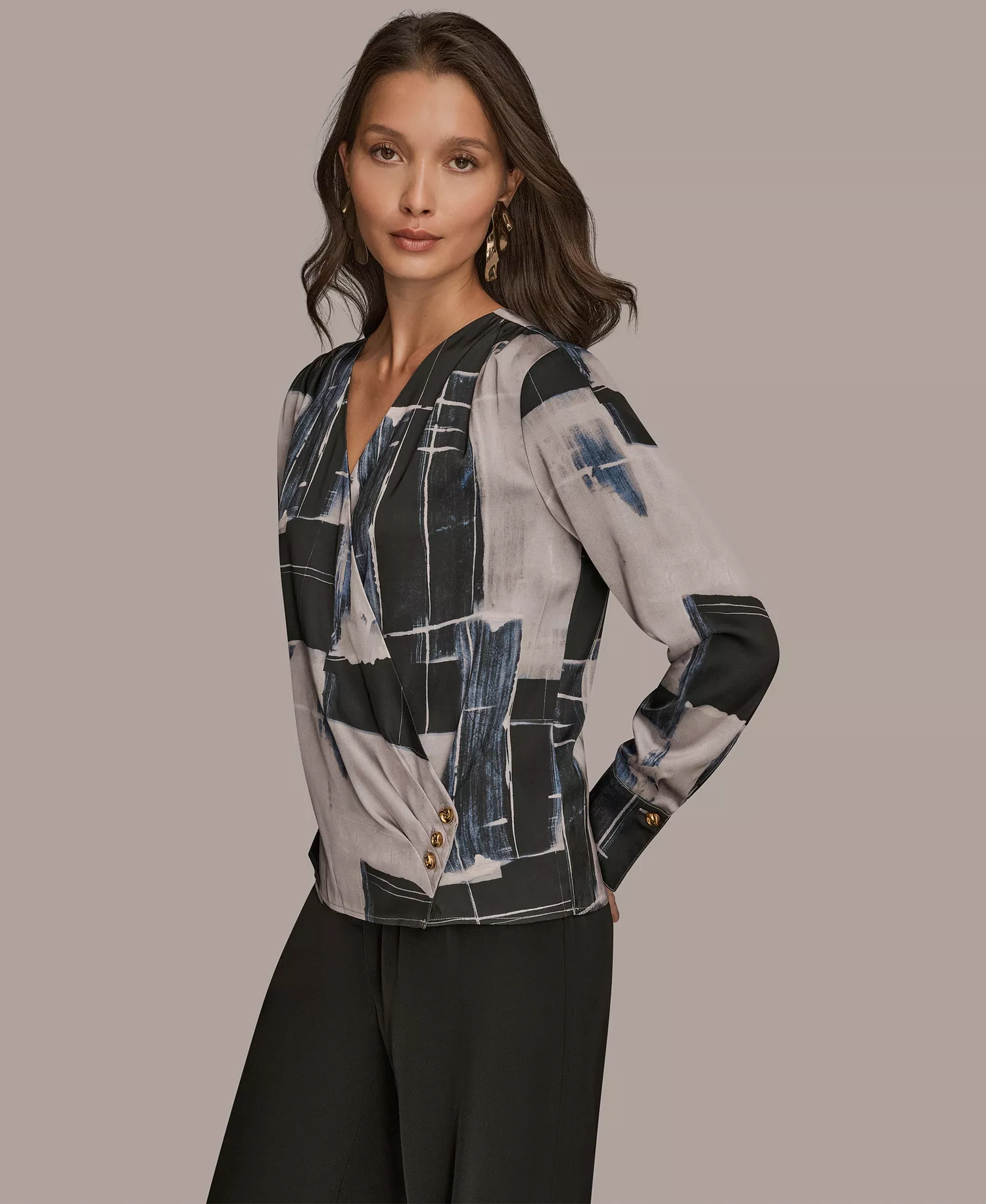 Women's Faux Wrap Long Sleeve V-Neck Top - Vapor Multi - L