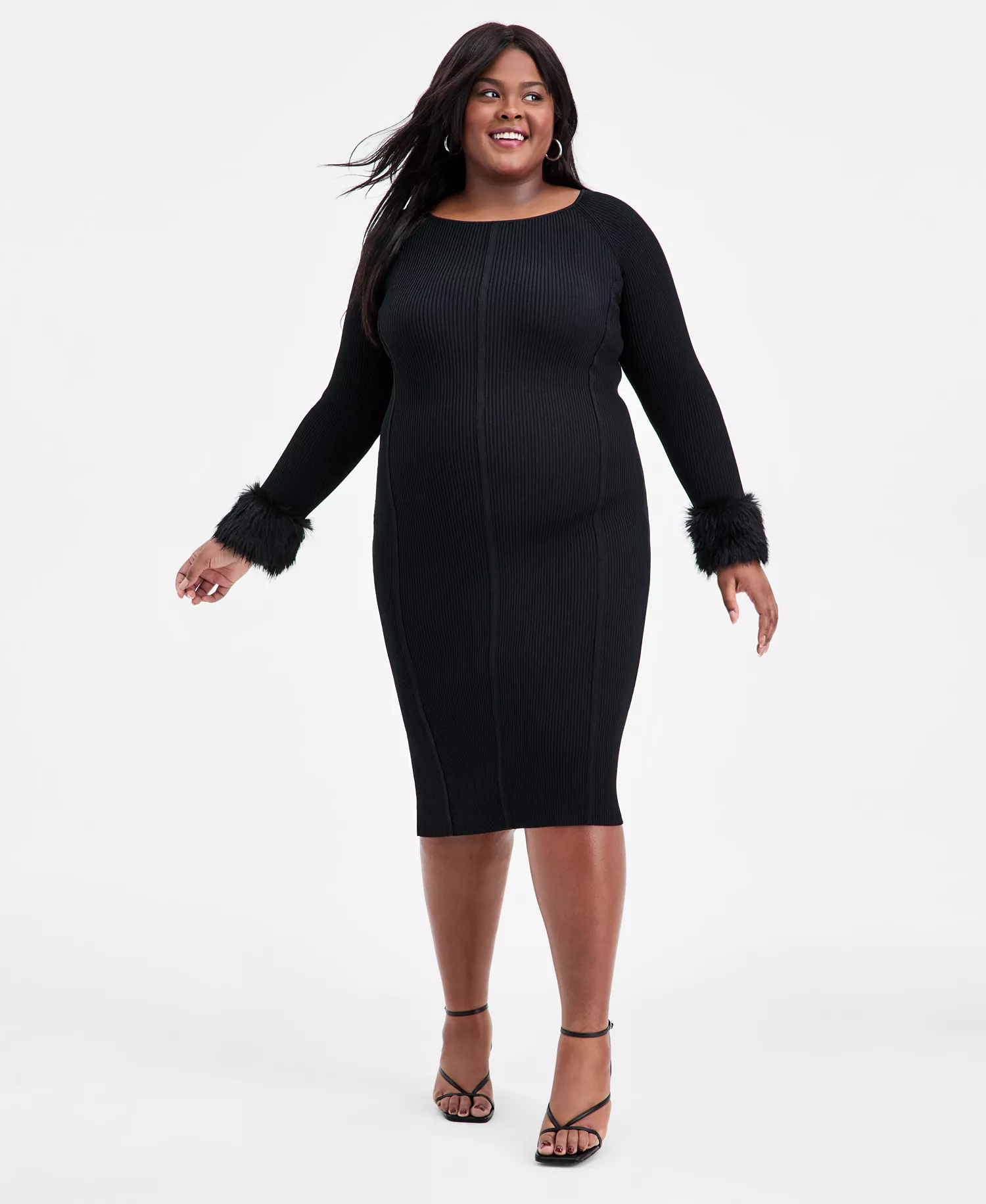 Trendy Plus Size Removable Faux-Fur Cuff Dress, Macy's Exclusive - Deep Black - 0X