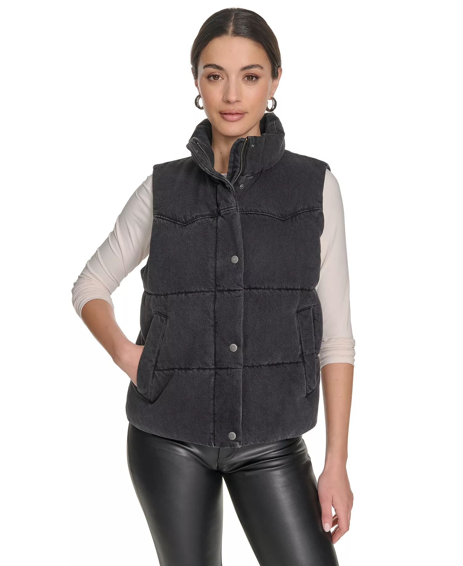 Women's Regular Western Stand Collar Puffer Vest Jacket - Black Wash Denim - L