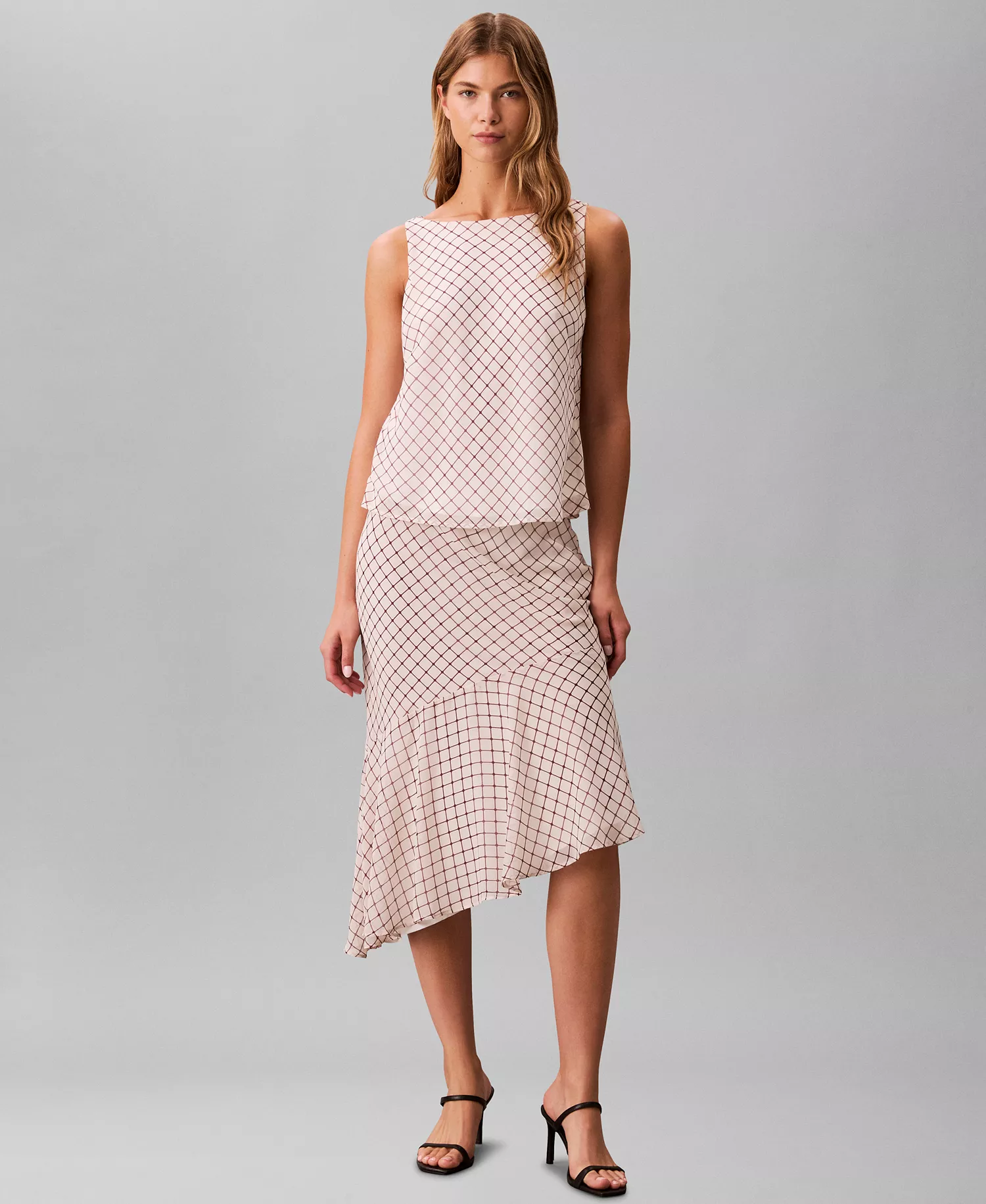 Women's Printed Chiffon Midi Skirt - Port/cream Check - L