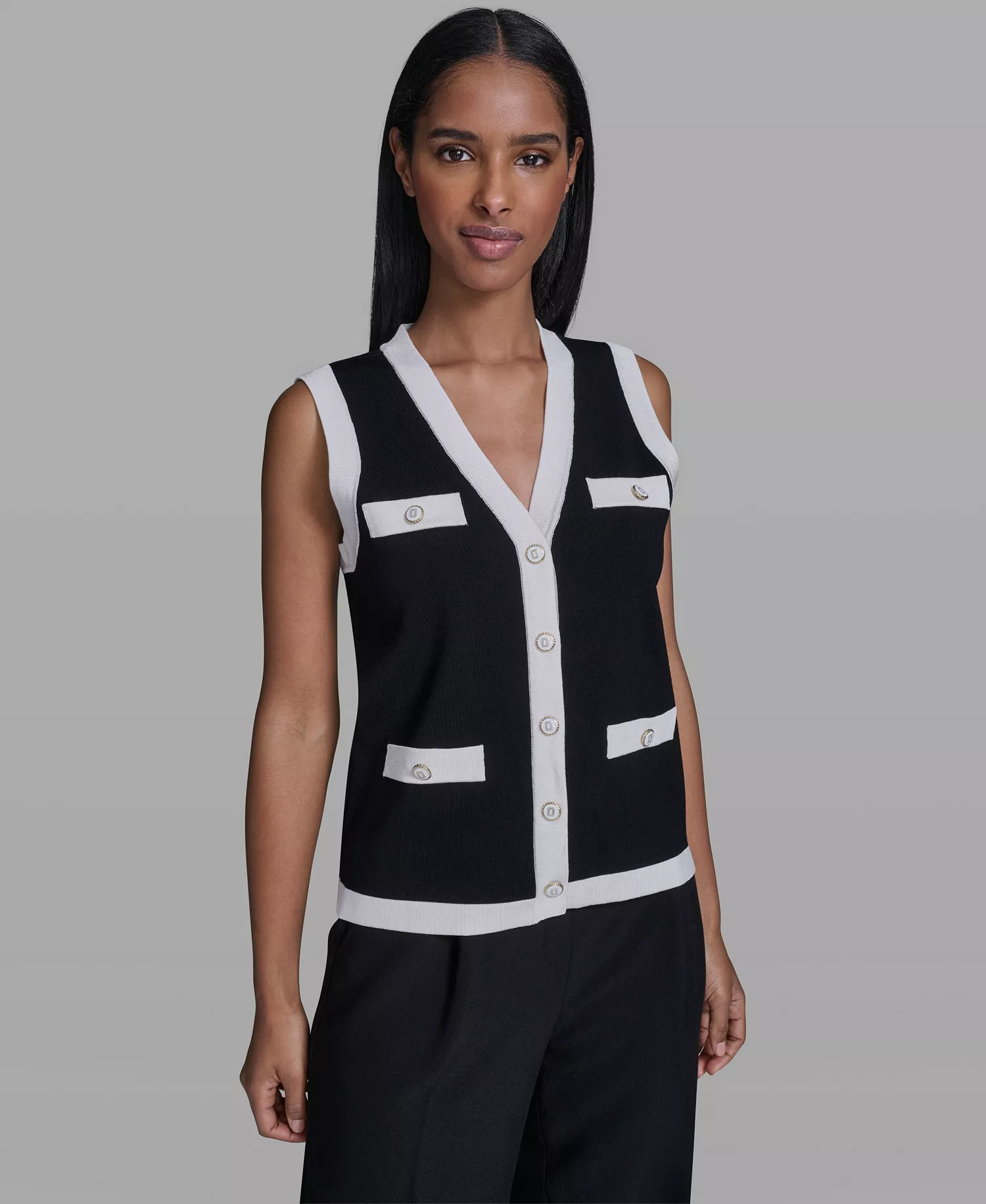 Women's Button-Down V-Neck Sweater - Black/white - L