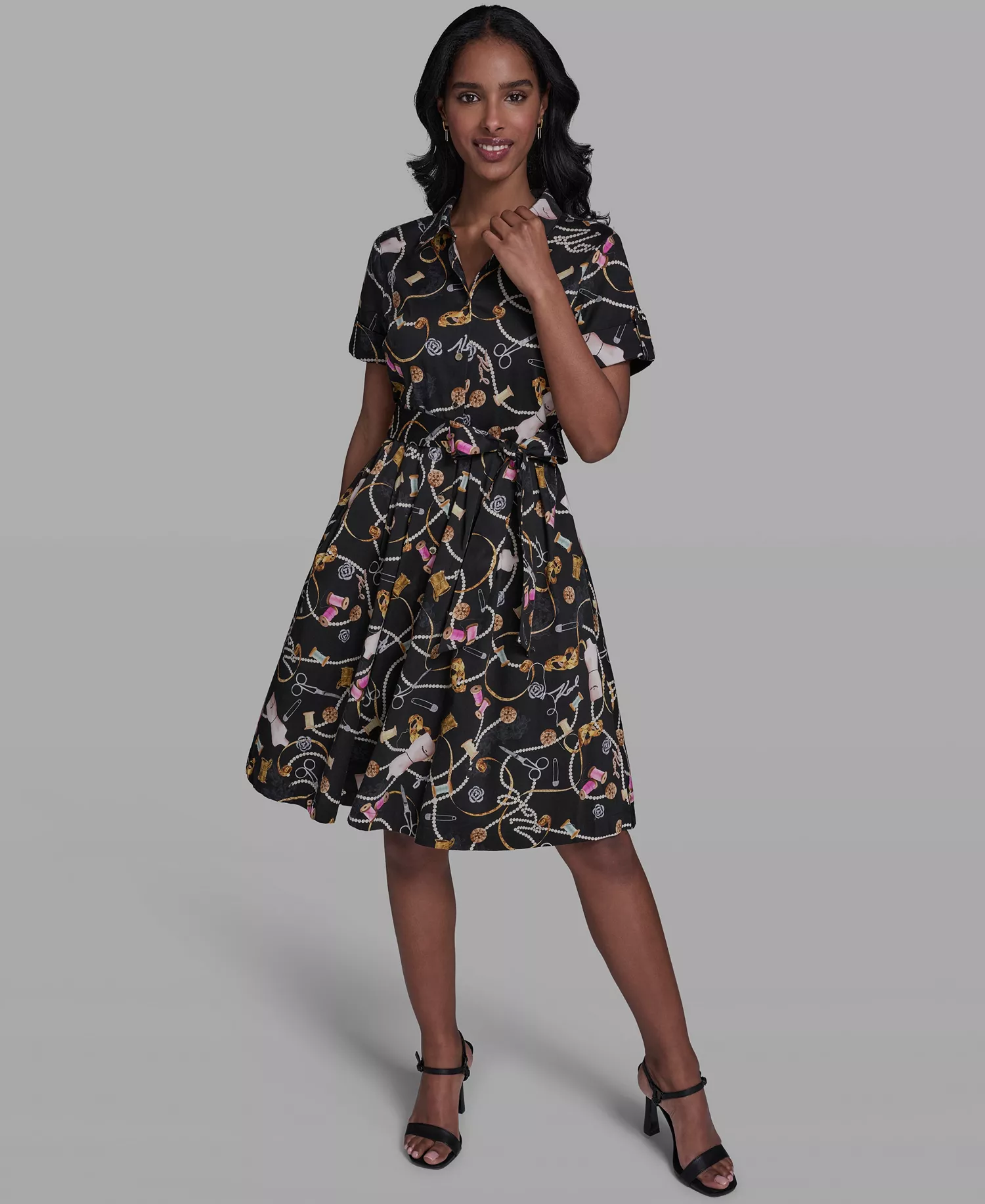 Women's Printed Short-Sleeve Tie-Waist Collared Shirt Dress - Black Multi - 0