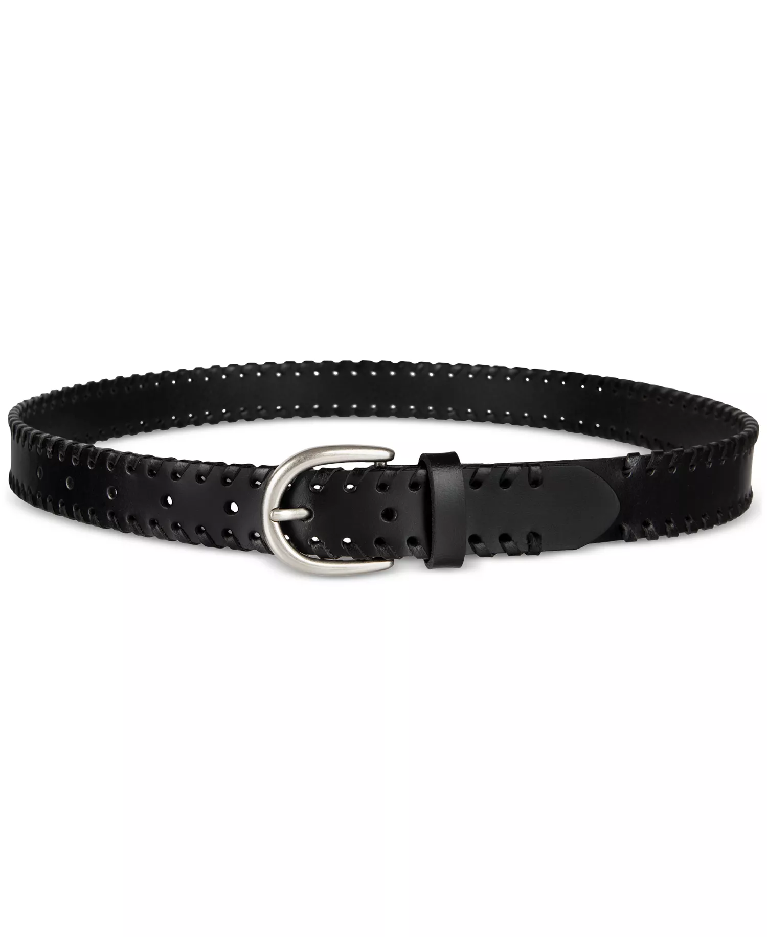 Laced-Edge Casual Leather Belt - Black - L