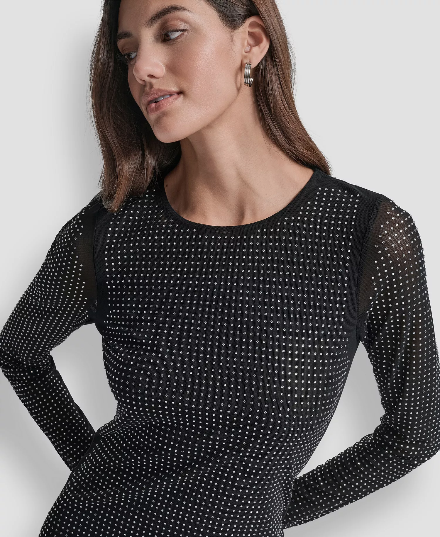Women's Dome Studs Mesh Long Sleeve Dress - Black/Silver - L