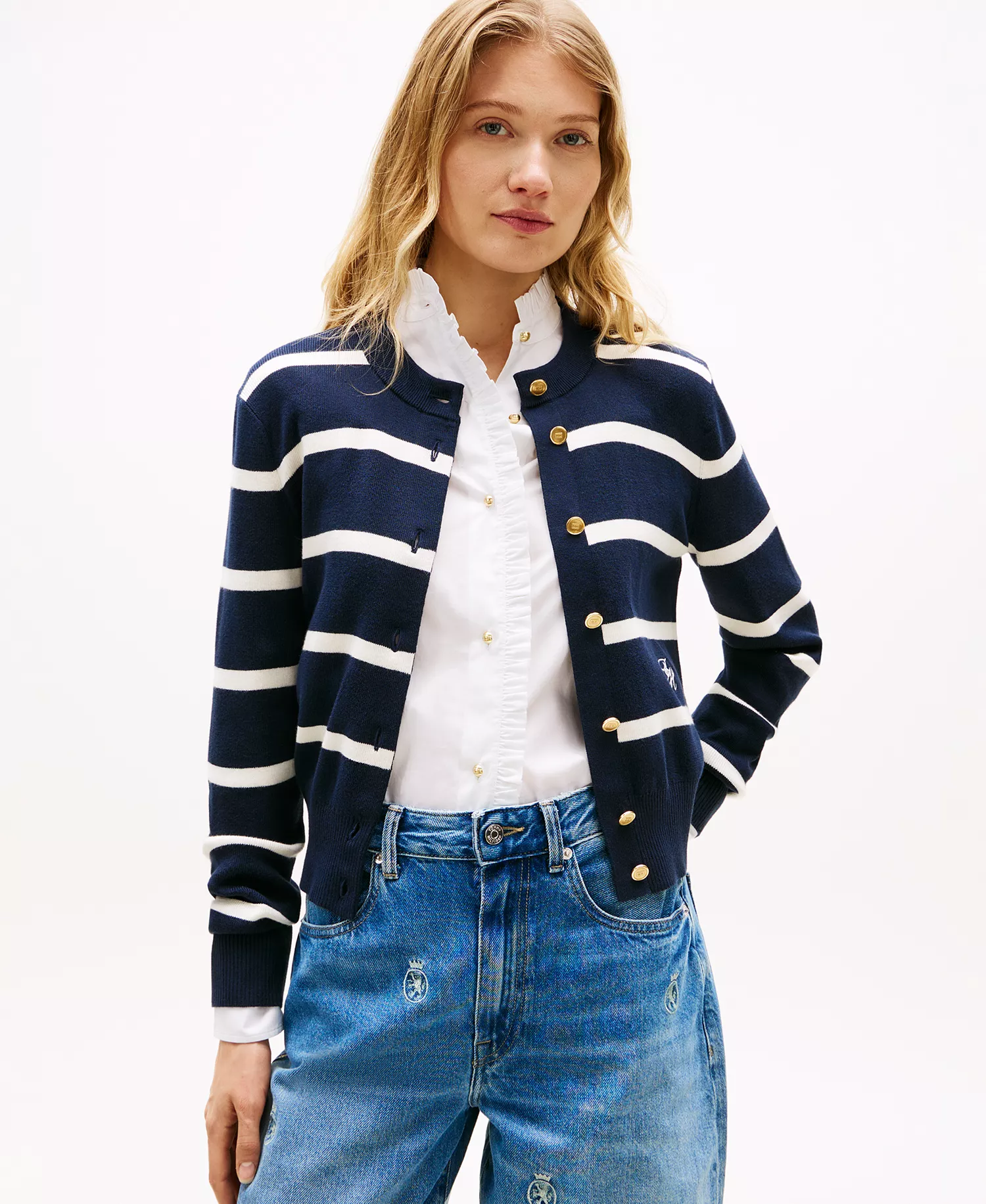 Women's Monogram Script Striped Cardigan - Big Stp Dark Night / Ivory Petal - L