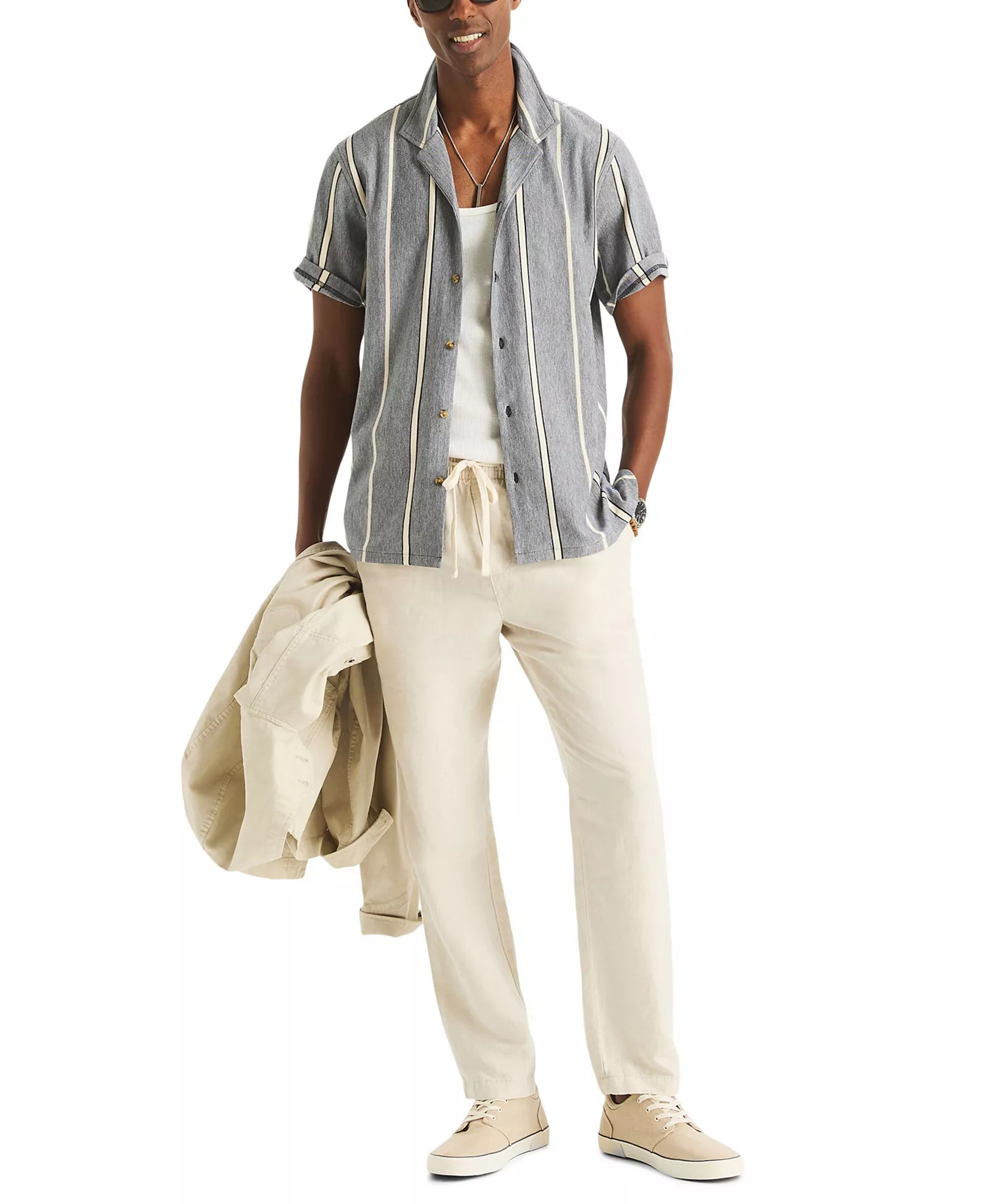 Men's Striped Spread-Collar Shirt - Navy Seas - L