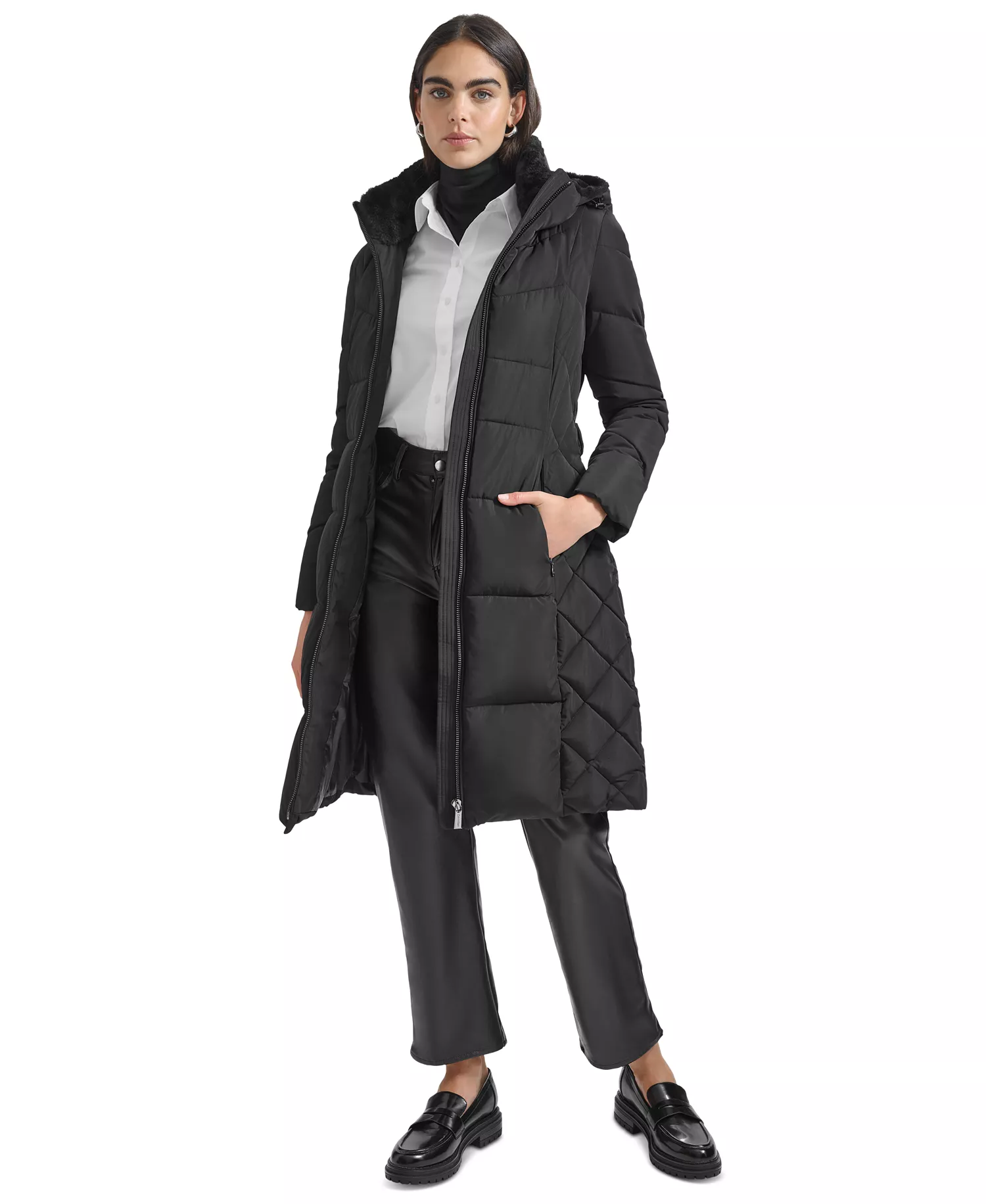 Women's Diamond Quilted Side Belted Hooded Puffer Coat - Black - XL