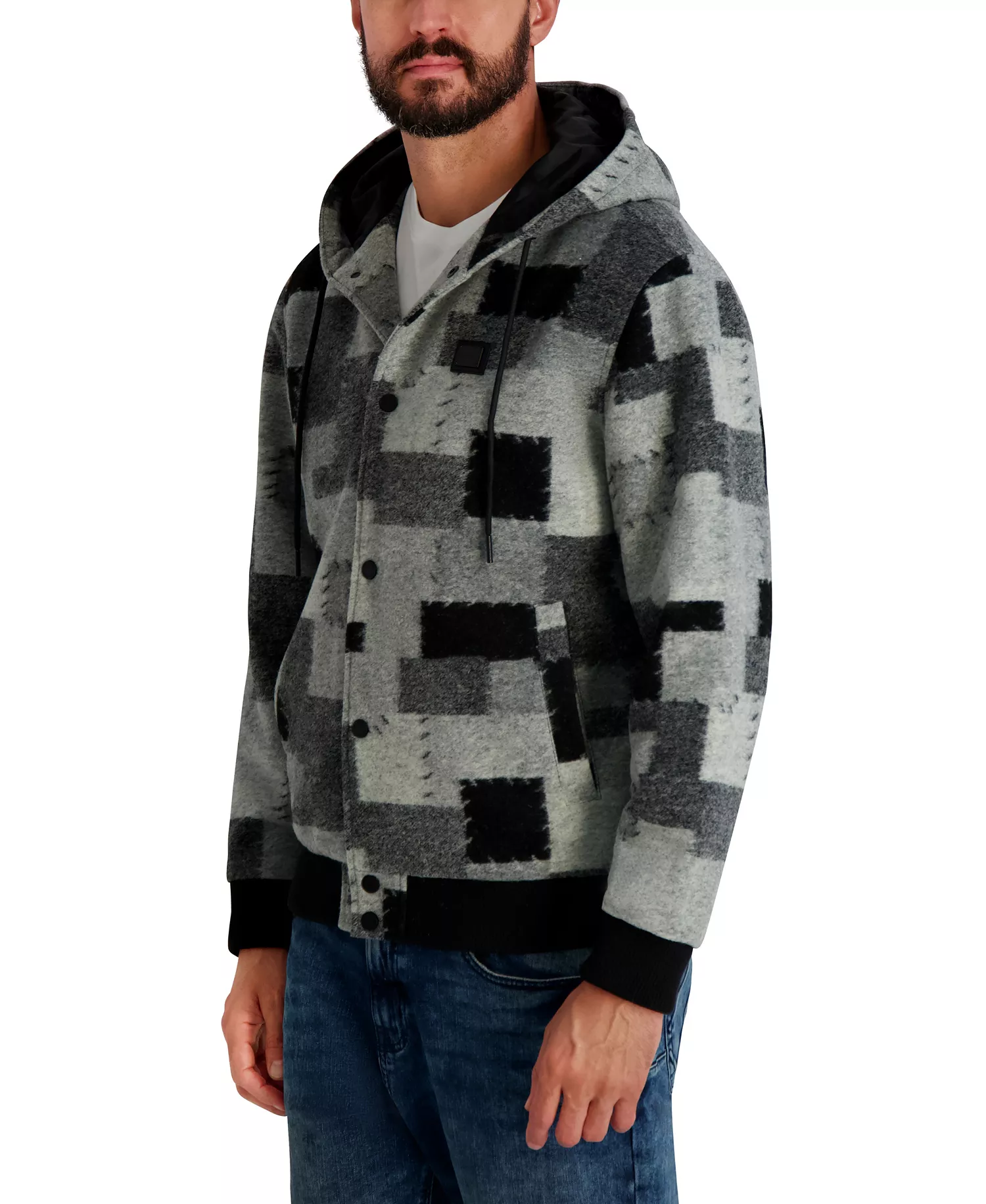 Men's Patch Detail Hooded Jacket - Black/Gray - 2XL