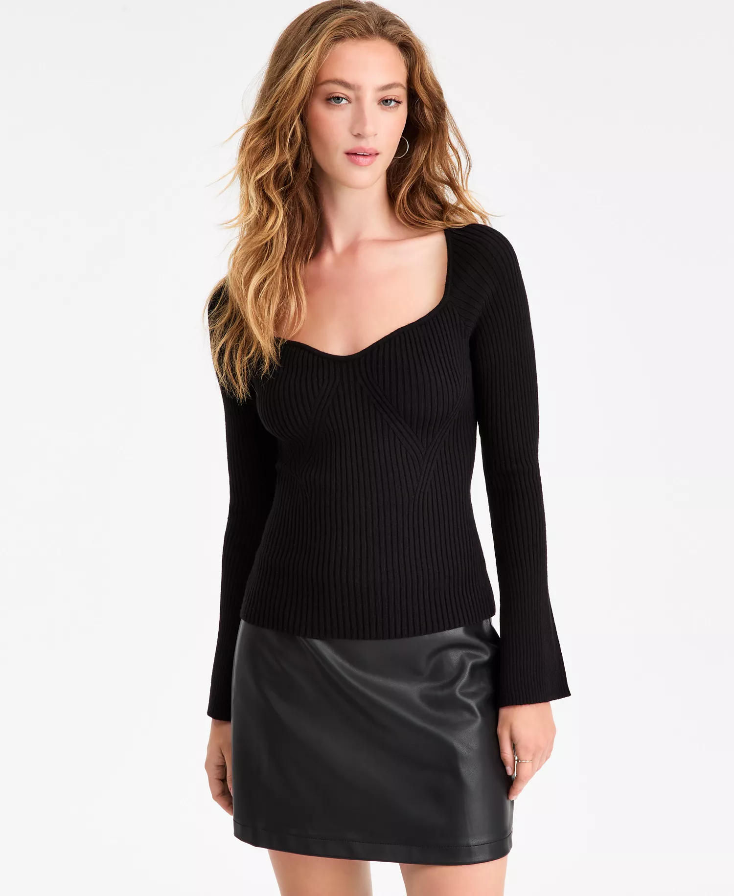 Women's Sweetheart-Neck Bustier Ribbed Sweater, Macy's Exclusive - Deep Black - L