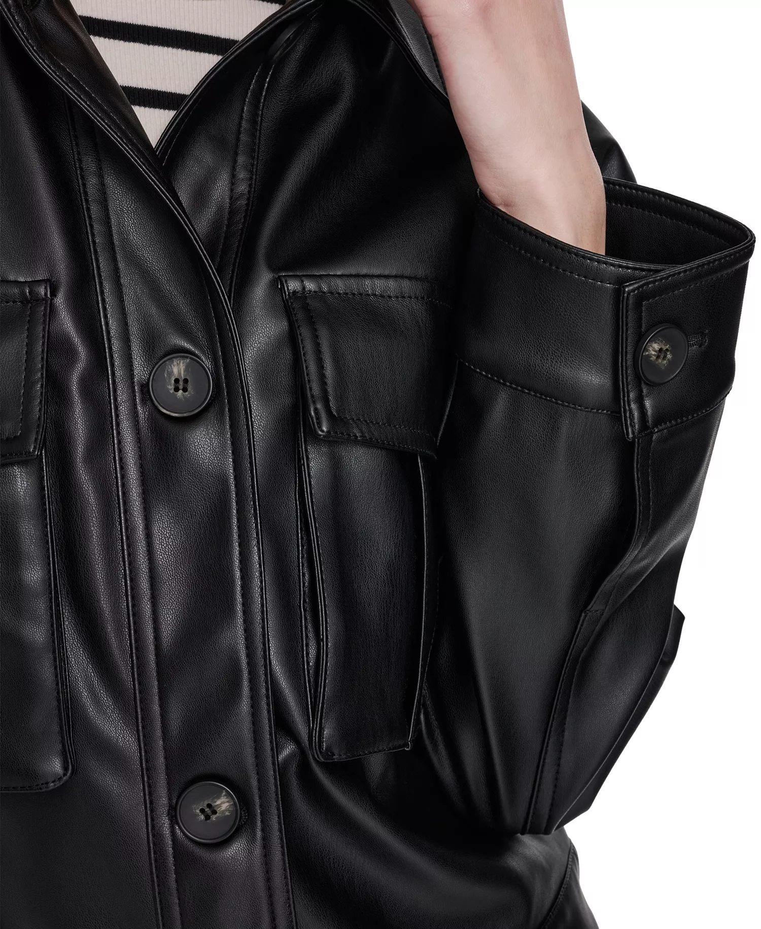 Women's Faux Leather Button Closure Shacket - Black - L