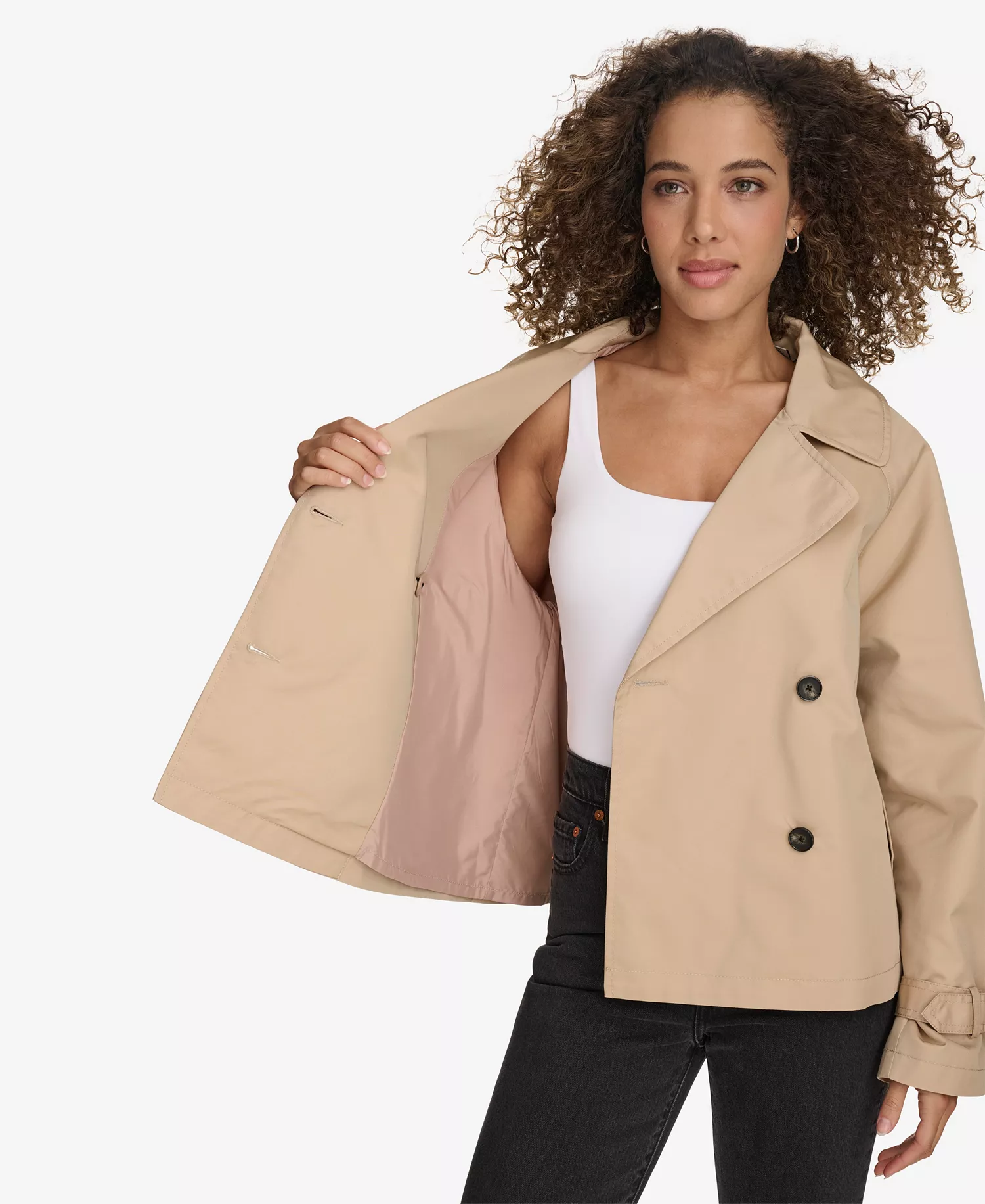 Women's Regular Short Double Breasted Trench Coat - Khaki - L