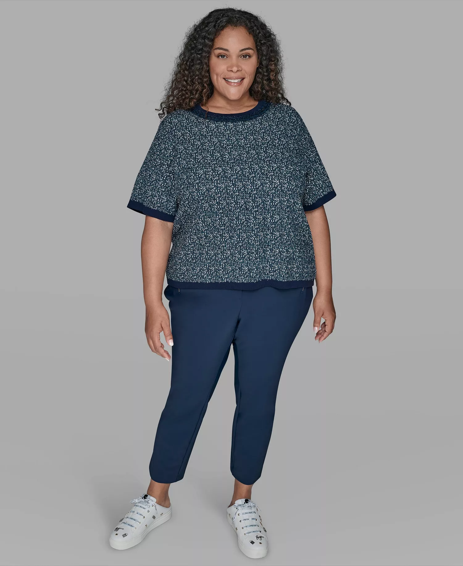 KARL LAGERFIELD PARIS Plus Size Short Sleeve Crew Sweater - Blue Soft White - 0X