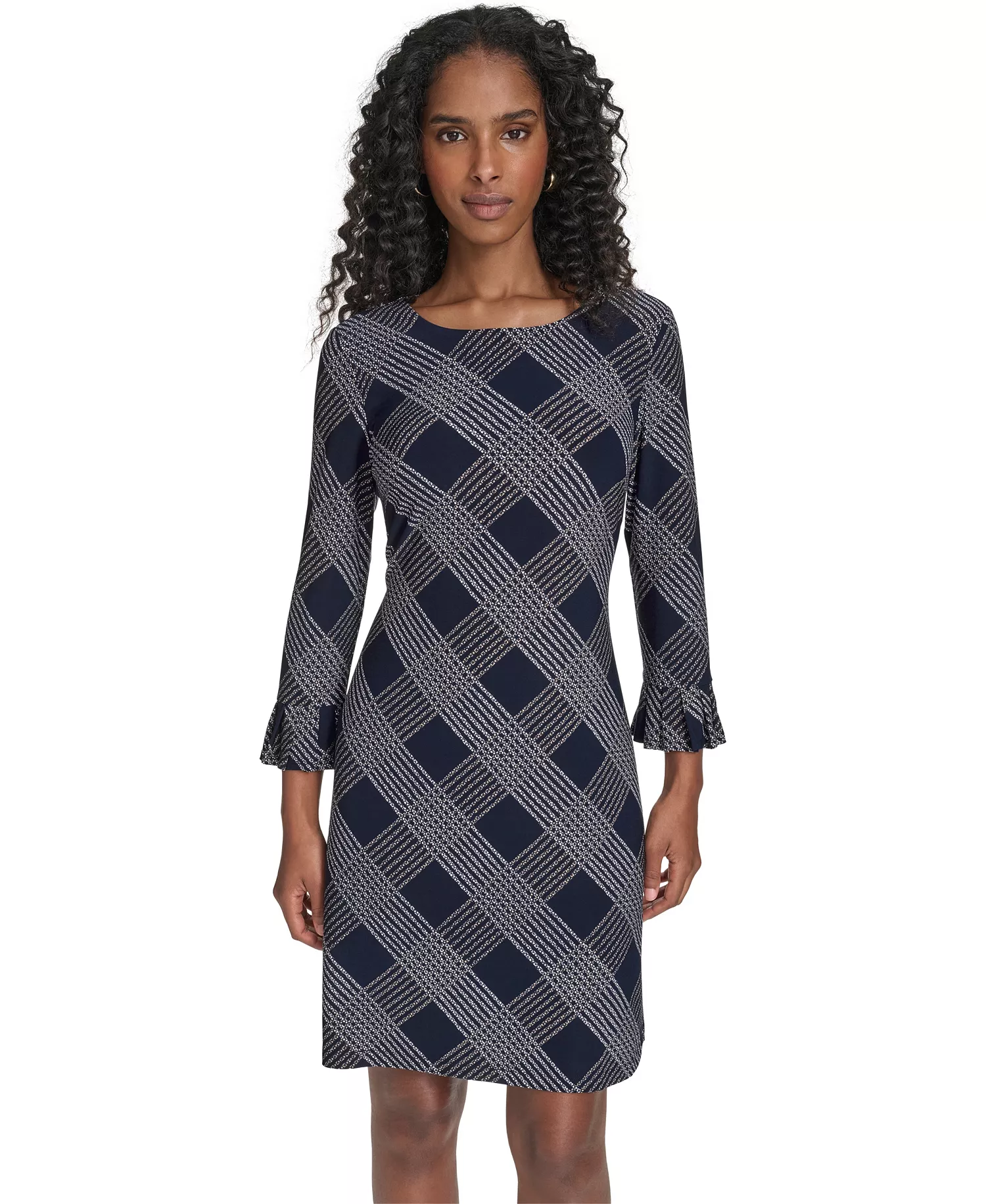 Petite Plaid 3/4-Sleeve Shift Dress - Sky Captain/Sand - 0P