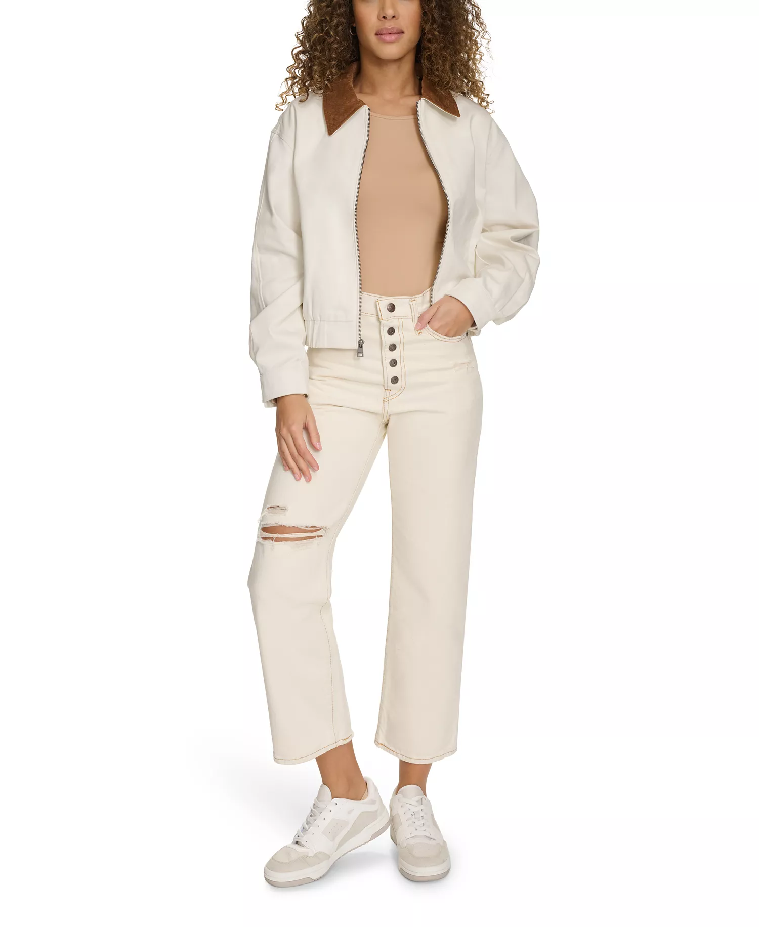 Women's Corduroy Collar Cotton Jacket - Egret - L