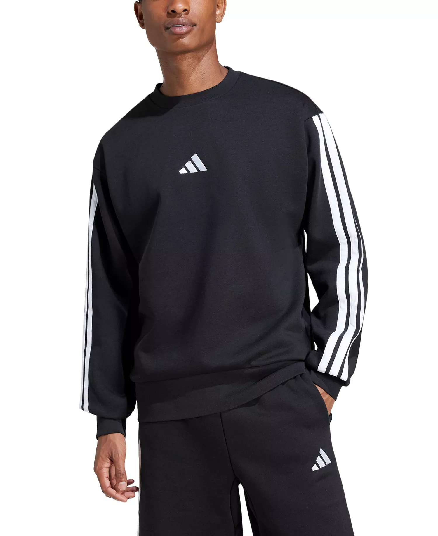 Men's Essentials 3-Stripes Fleece Sweatshirt - Black / White - 2XL