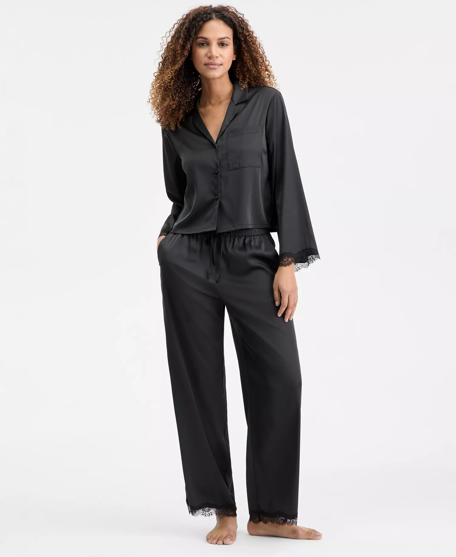 Women's Long-Sleeve Lace Trim Boxy Satin Notch Set, Created for Macy's - Black - 2XL