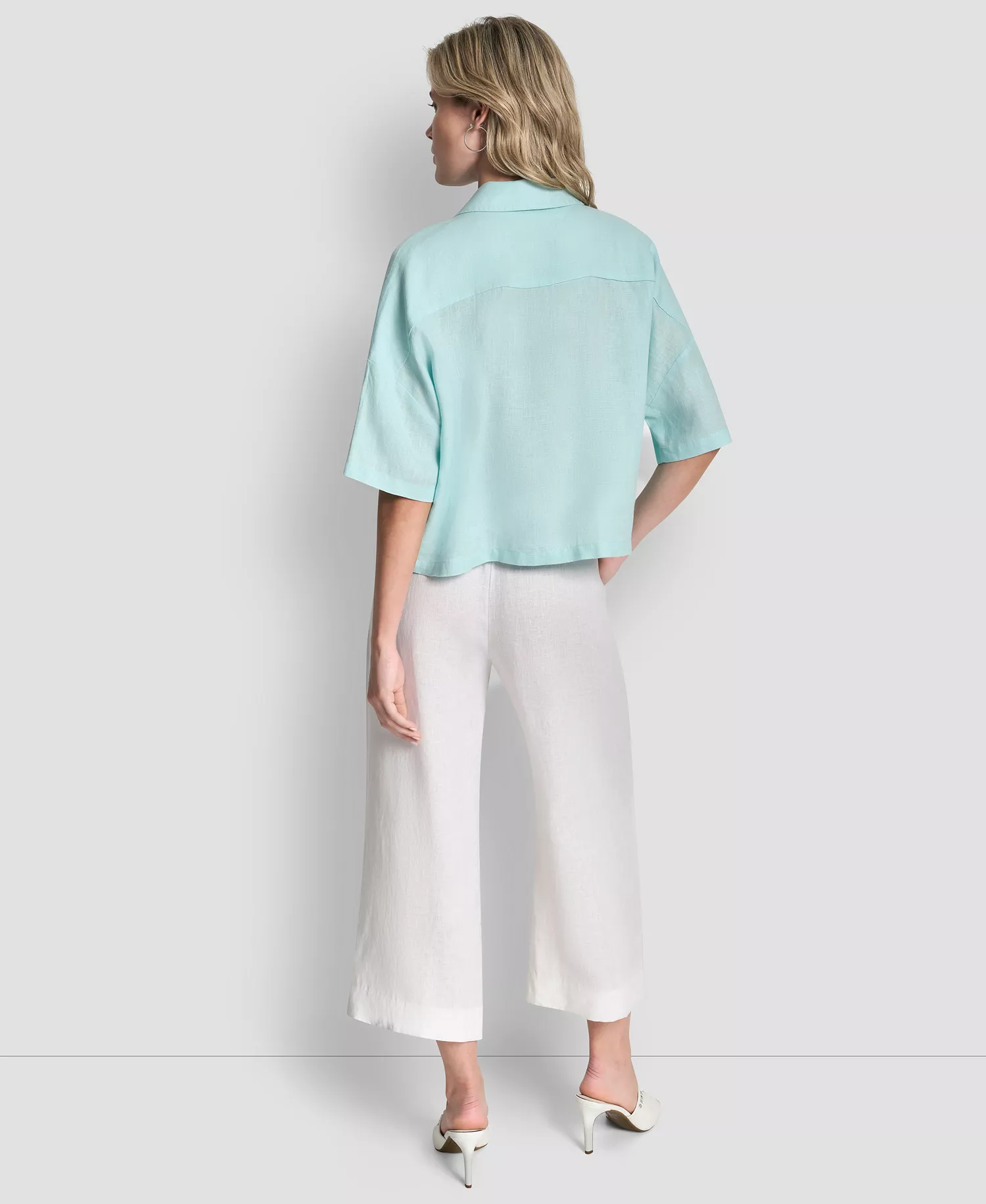 Women's Button-Front Dolman-Sleeve Linen Top - Aqua - L