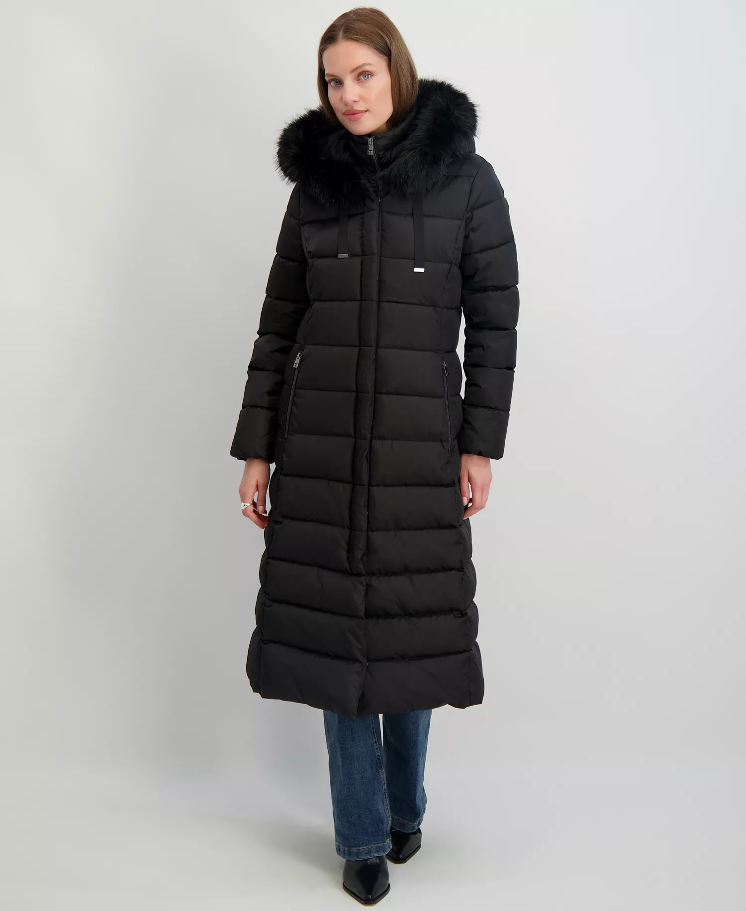 Womens Maxi Shine Bibbed Faux-Fur-Trimmed Hooded Puffer Coat - Black - L